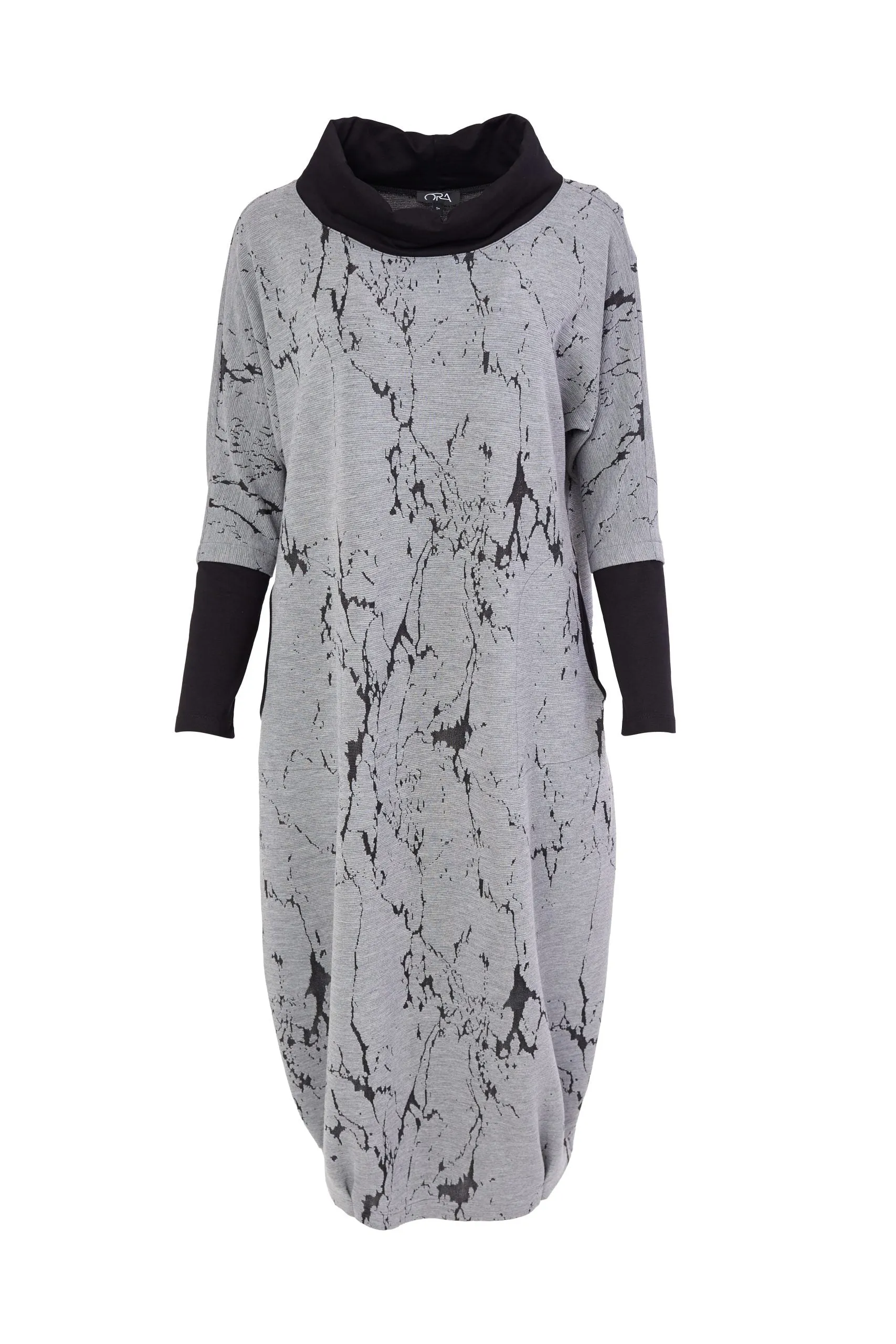 117- Ora Jacquard Dress w/ Contrast Neckline- Grey & Black