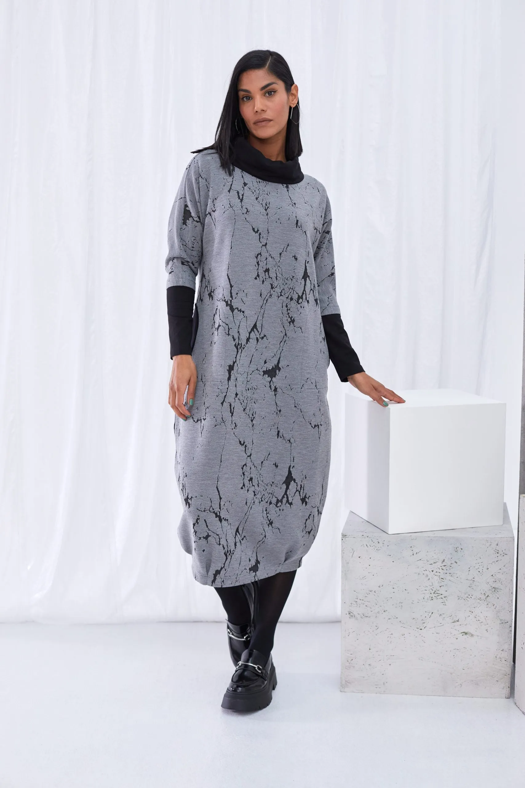 117- Ora Jacquard Dress w/ Contrast Neckline- Grey & Black