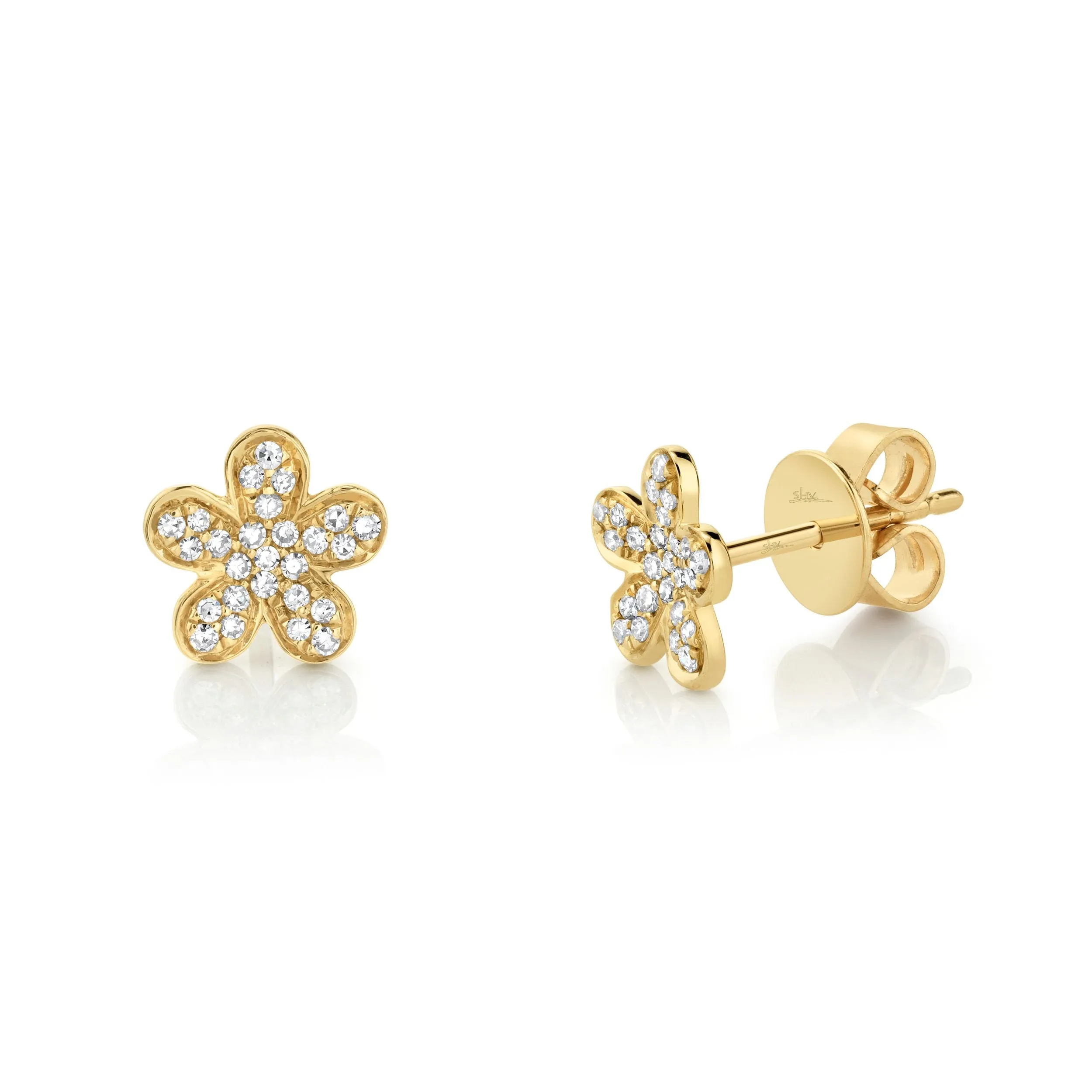 14K Yellow Gold 0.16 Carat Total Weight Diamond Flower Stud Earrings