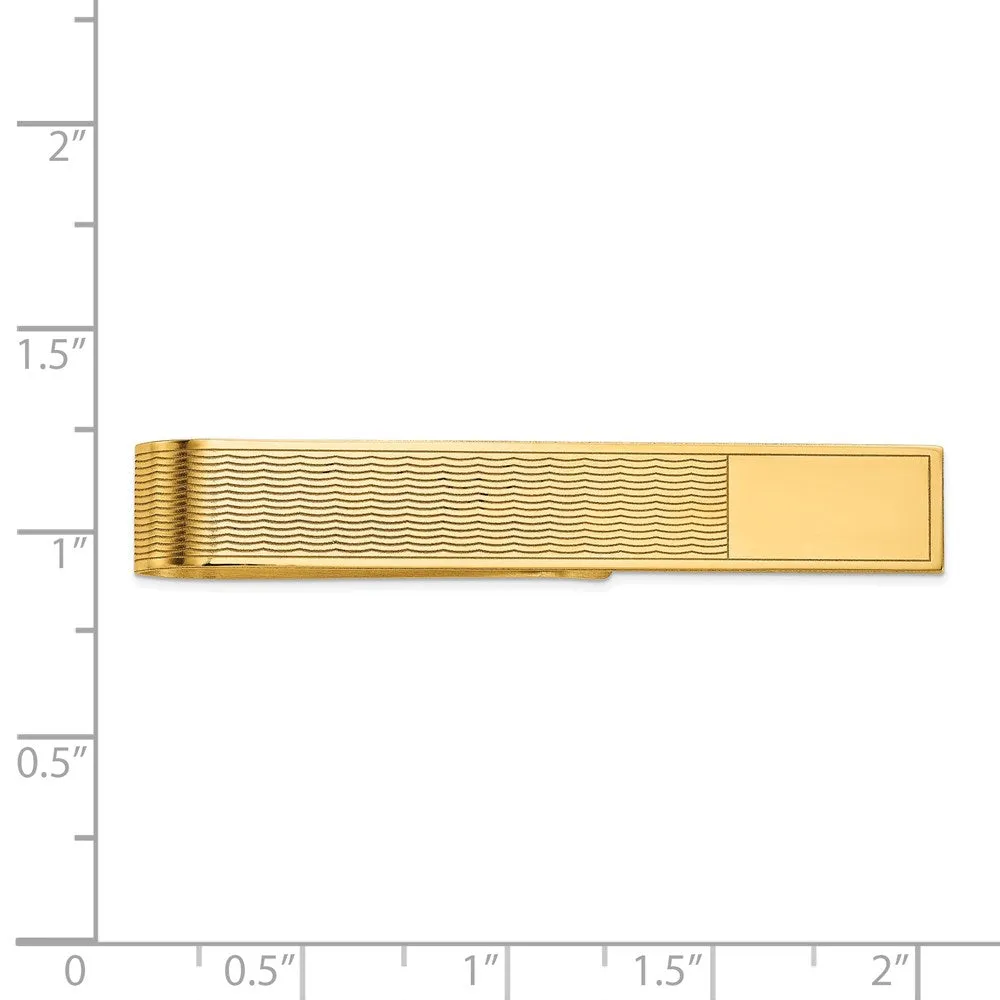 14K Yellow Gold Engravable Wave Grooved Tie Bar, 50mm