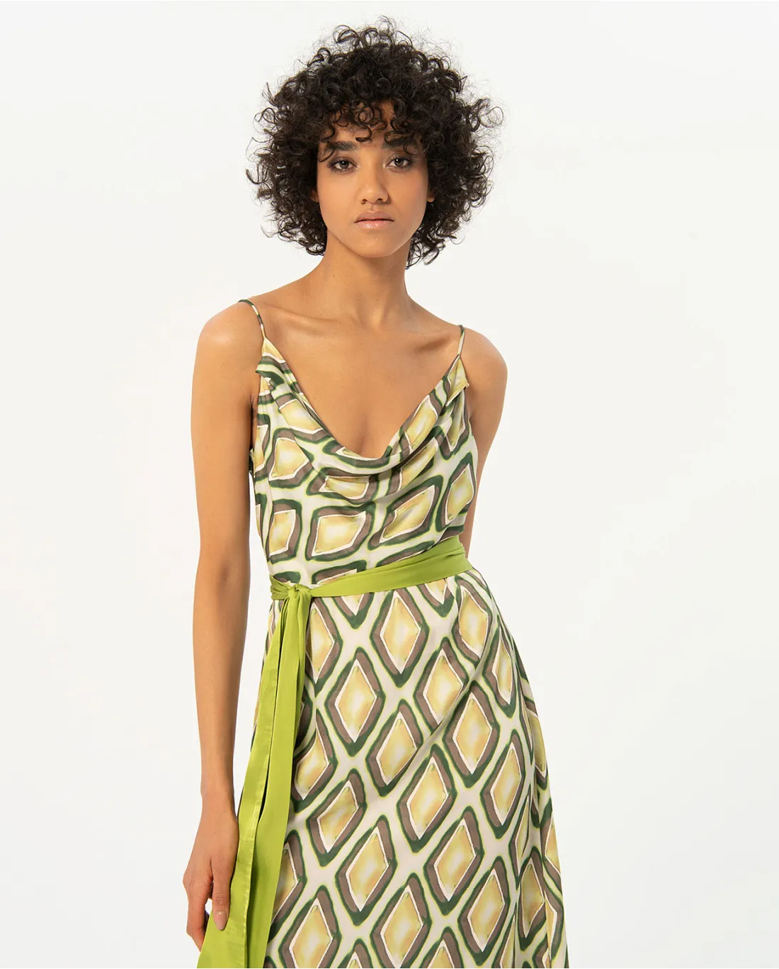 724- Printed Dress w/ Draped Neckline- Lime Green Mix- Surkana