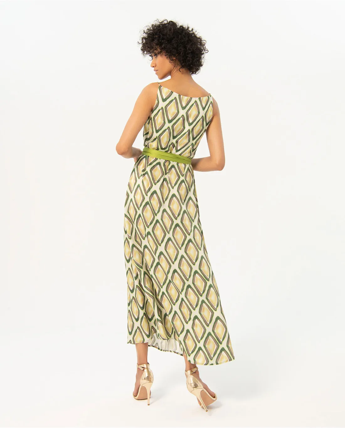 724- Printed Dress w/ Draped Neckline- Lime Green Mix- Surkana