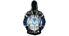 Black Blue Future Space Robot Long Sleeves Mens Jacket Winter Hooded Hoodies