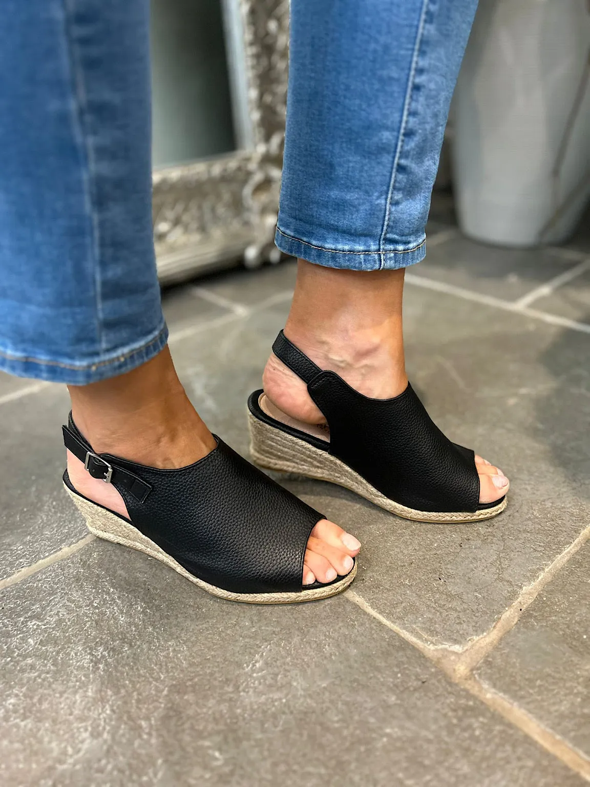 Black Open Toe Buckle Wedge