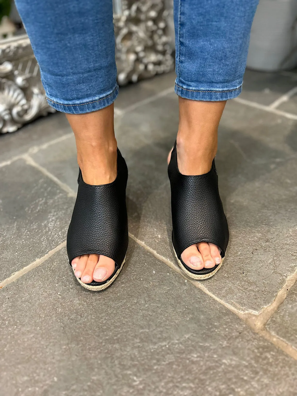 Black Open Toe Buckle Wedge