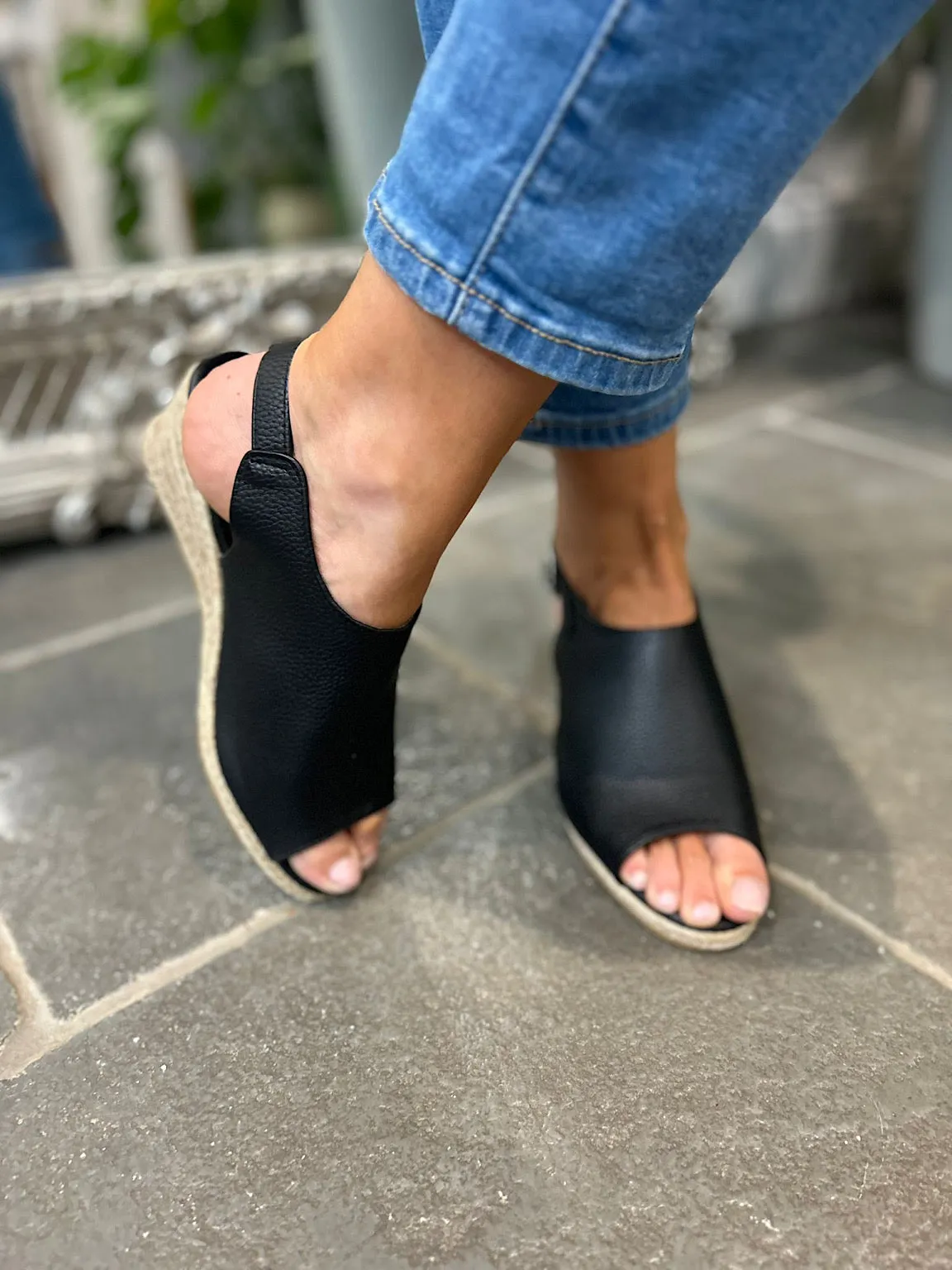 Black Open Toe Buckle Wedge