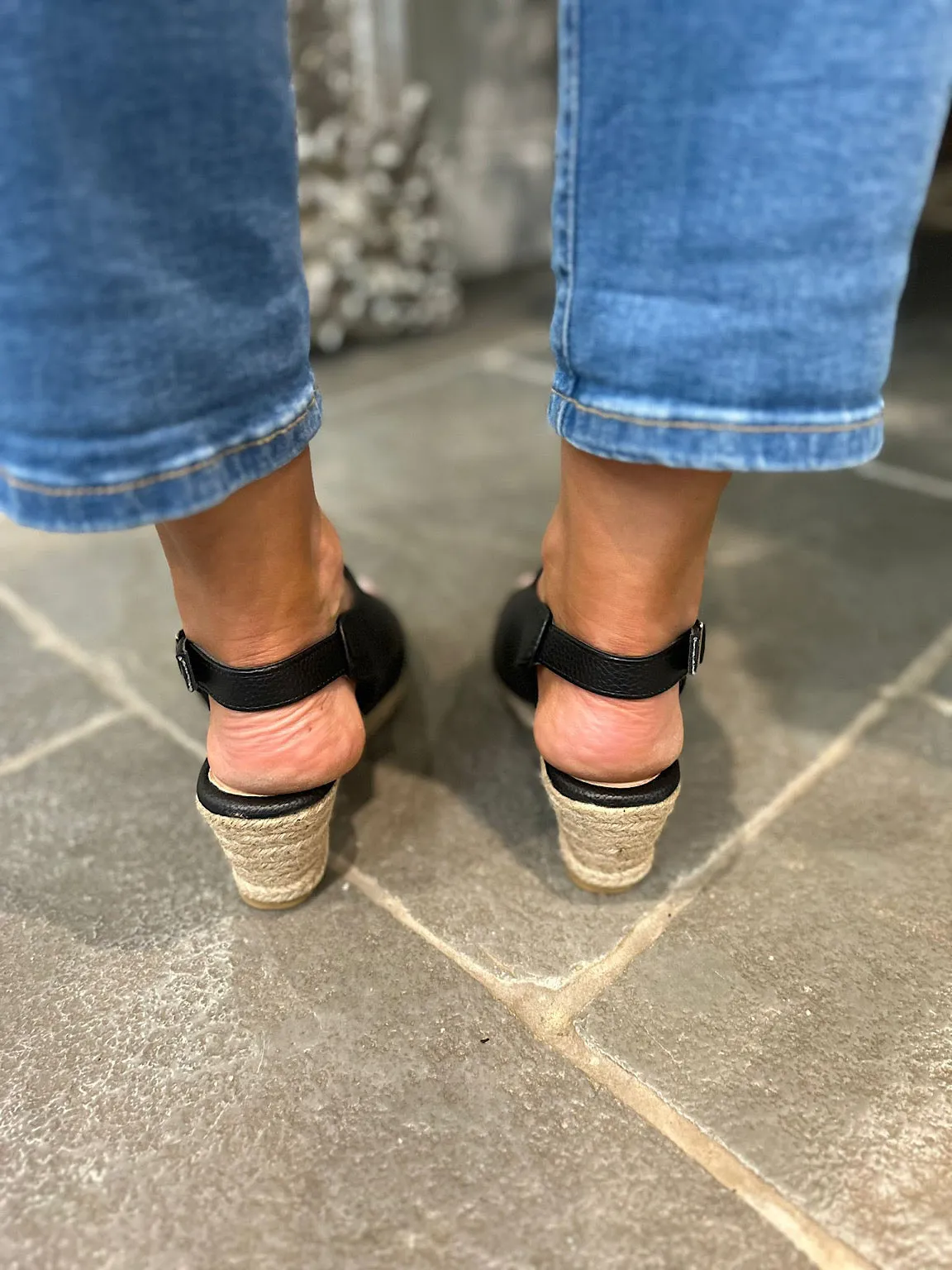 Black Open Toe Buckle Wedge