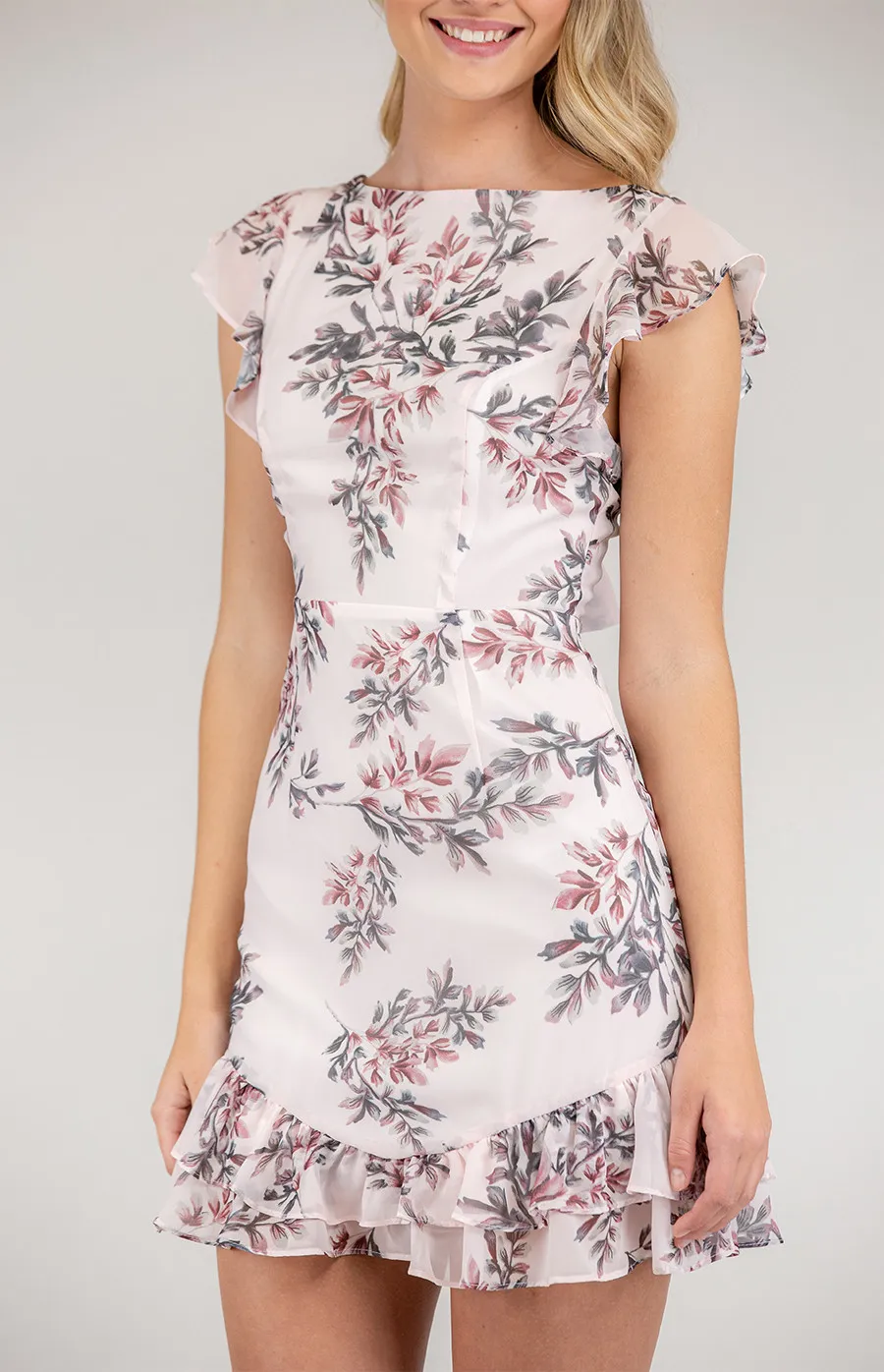 Boat neckline Floral Dress with Frill Details (SDR624A)