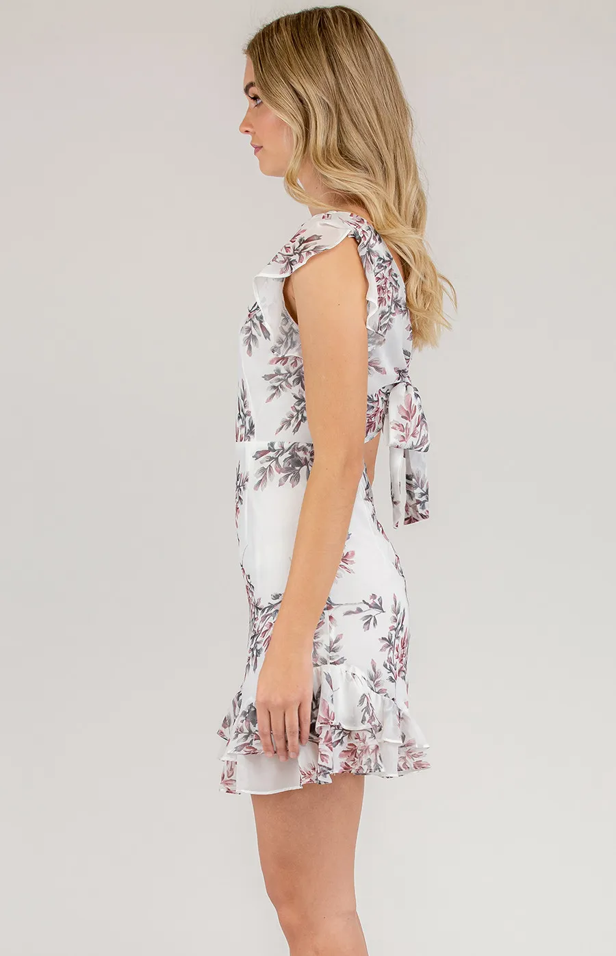 Boat neckline Floral Dress with Frill Details (SDR624A)