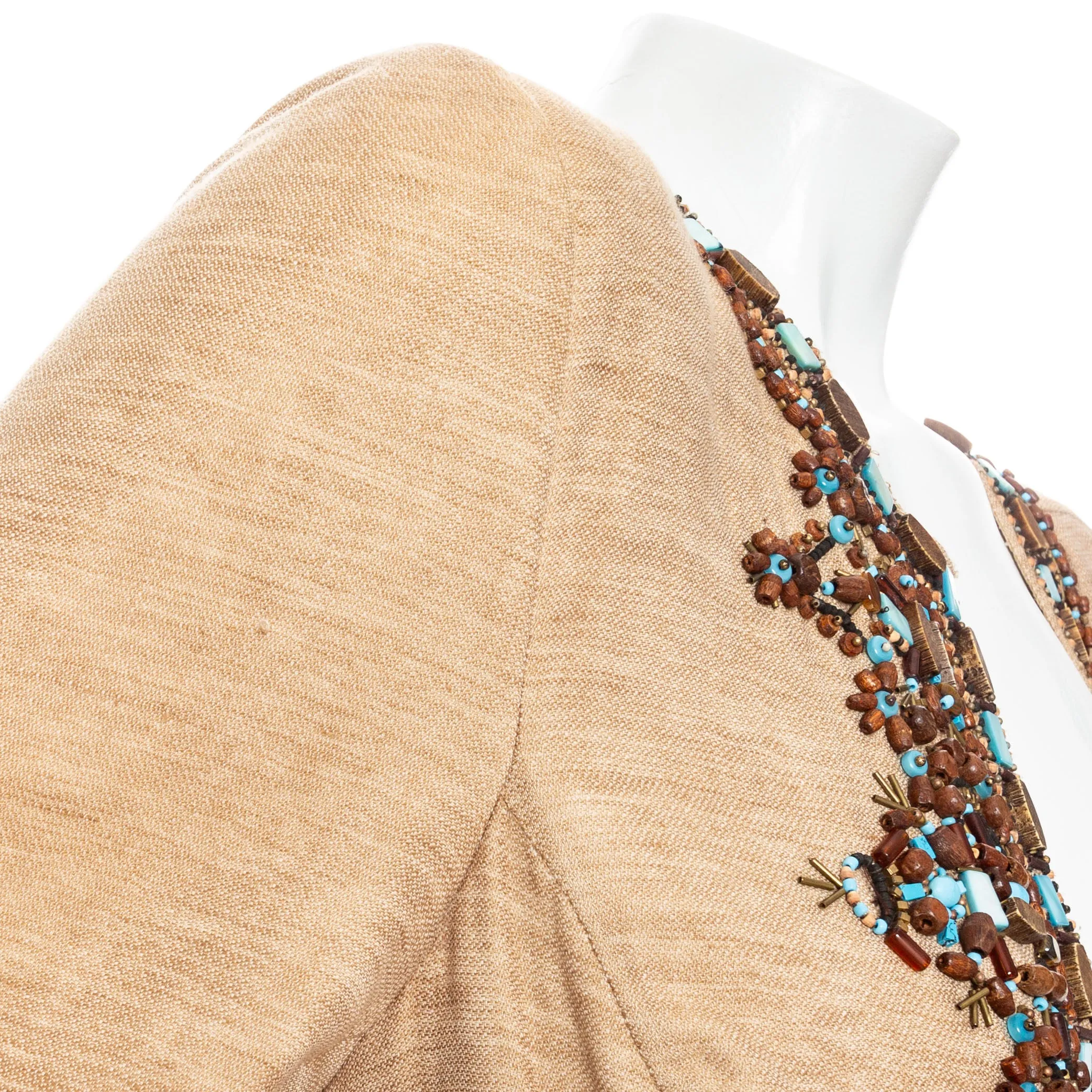 Brown Linen-Blend Bead Embellished Coat