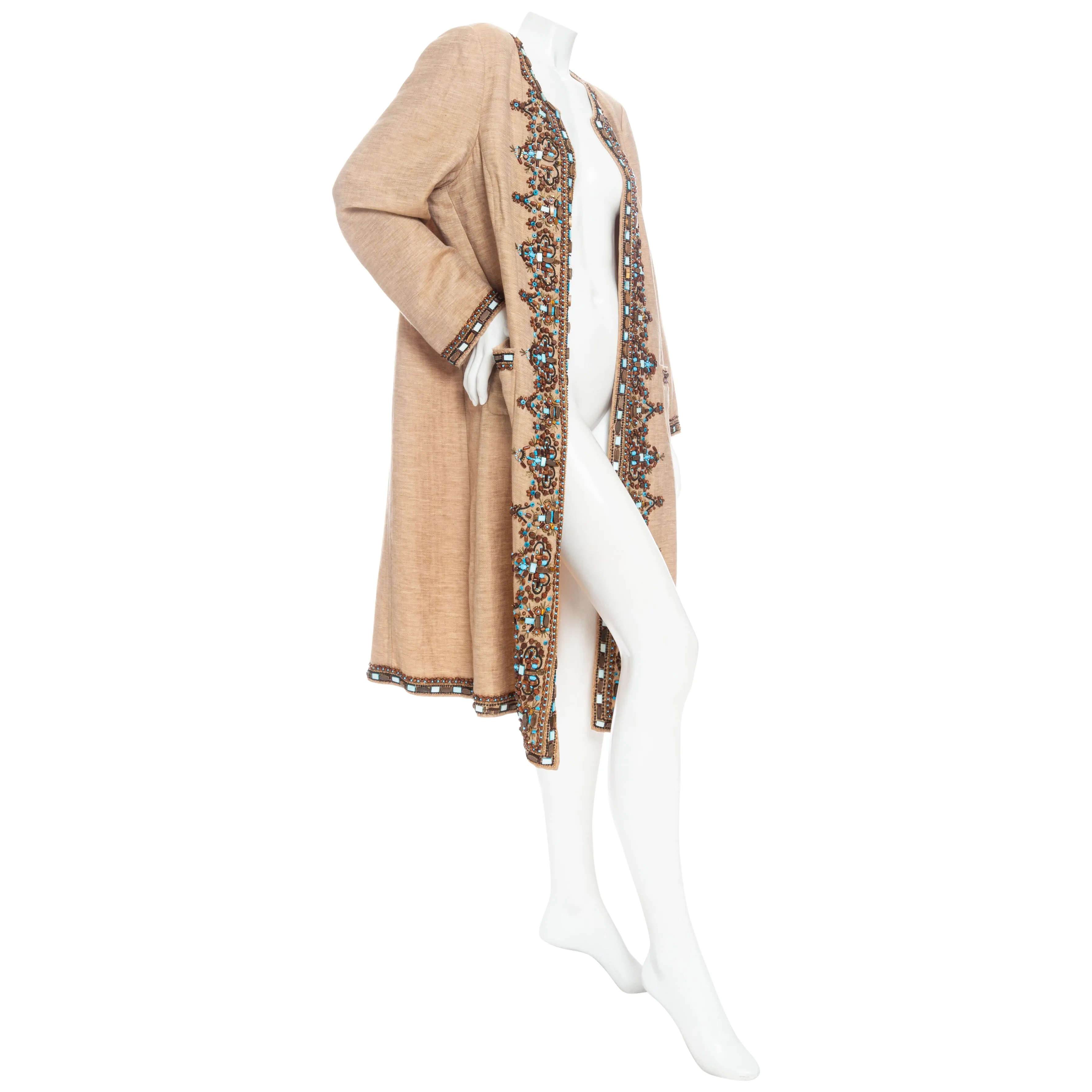 Brown Linen-Blend Bead Embellished Coat