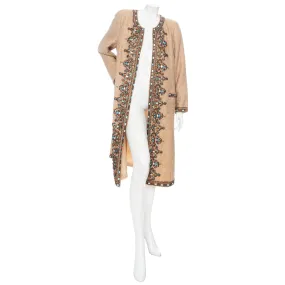 Brown Linen-Blend Bead Embellished Coat