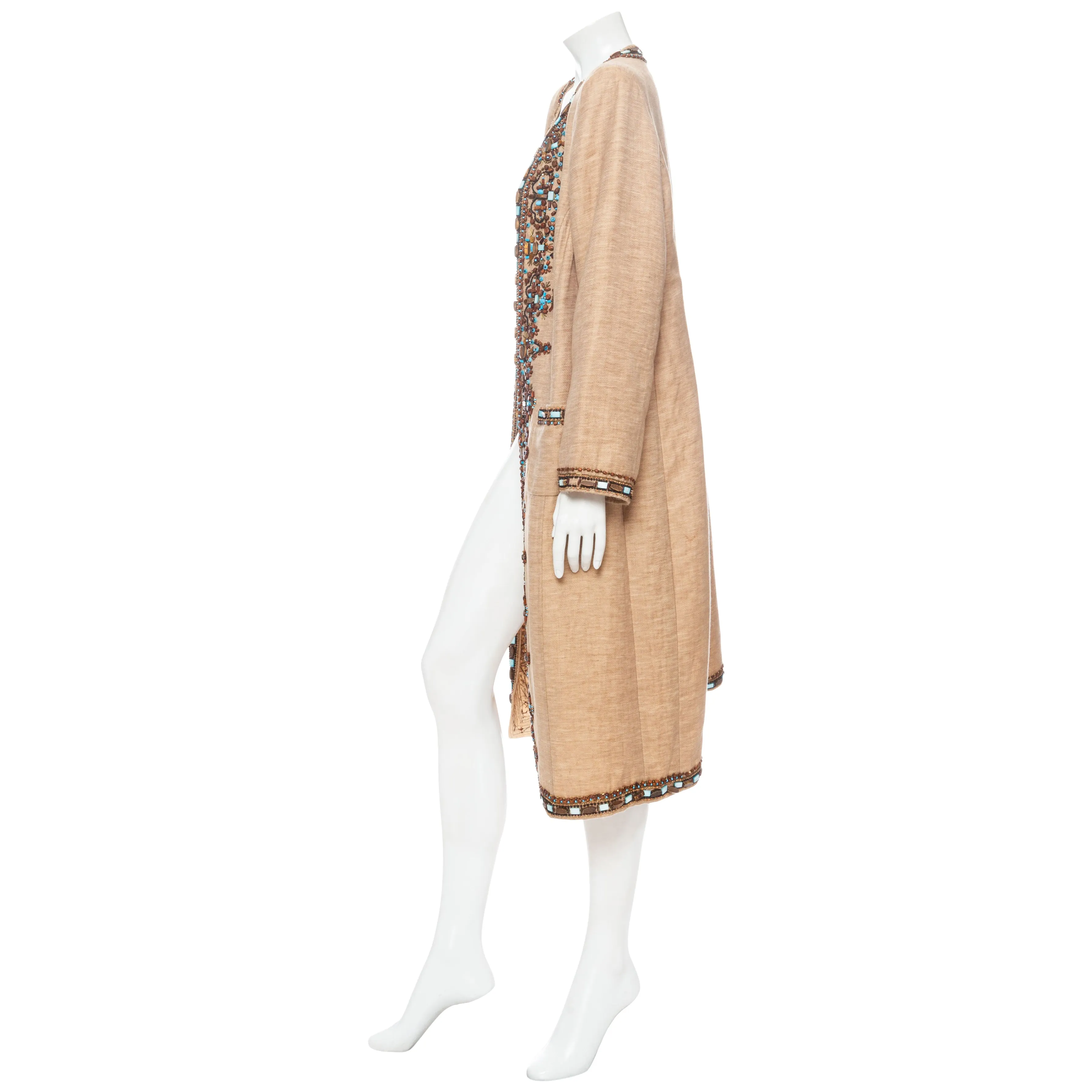 Brown Linen-Blend Bead Embellished Coat