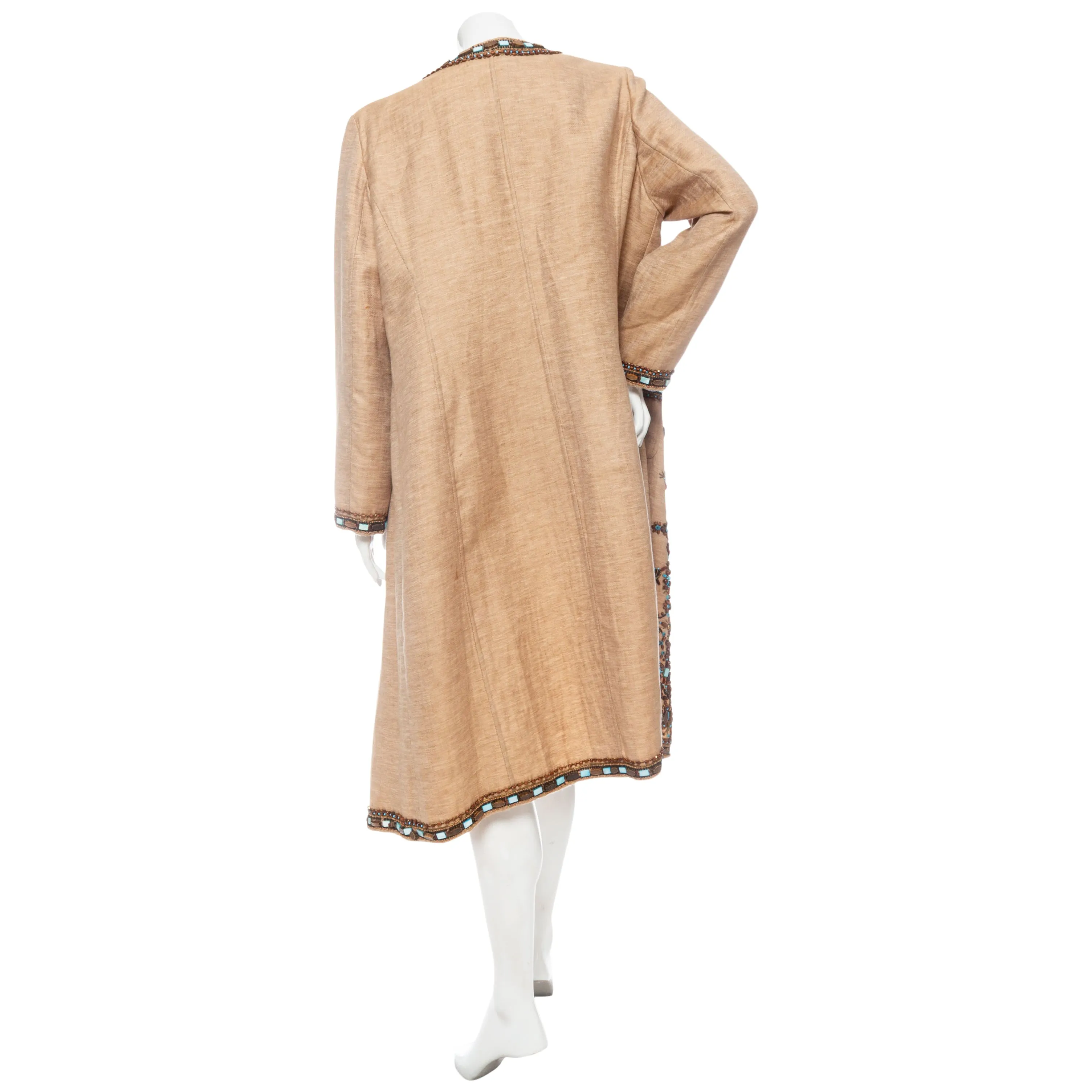 Brown Linen-Blend Bead Embellished Coat