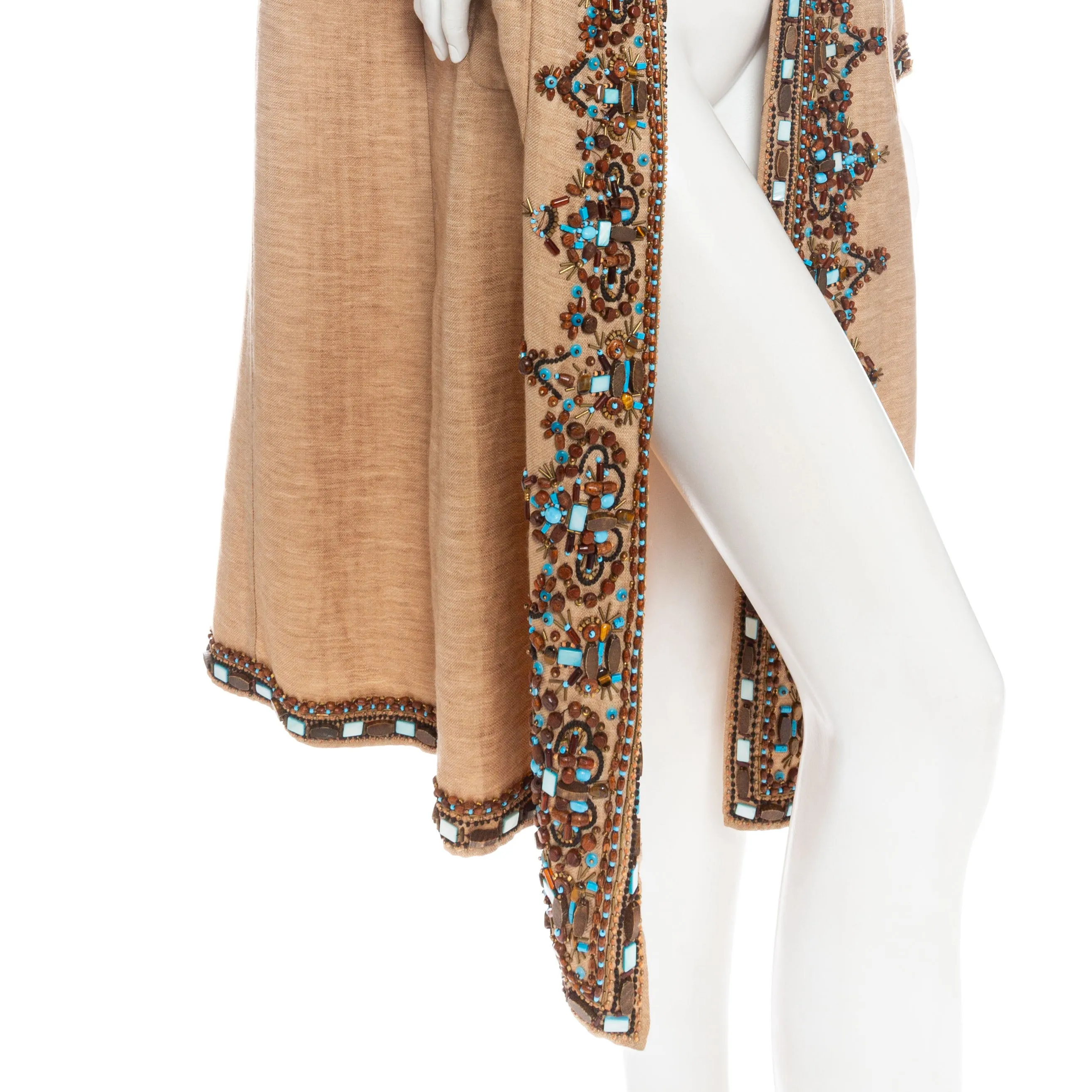 Brown Linen-Blend Bead Embellished Coat