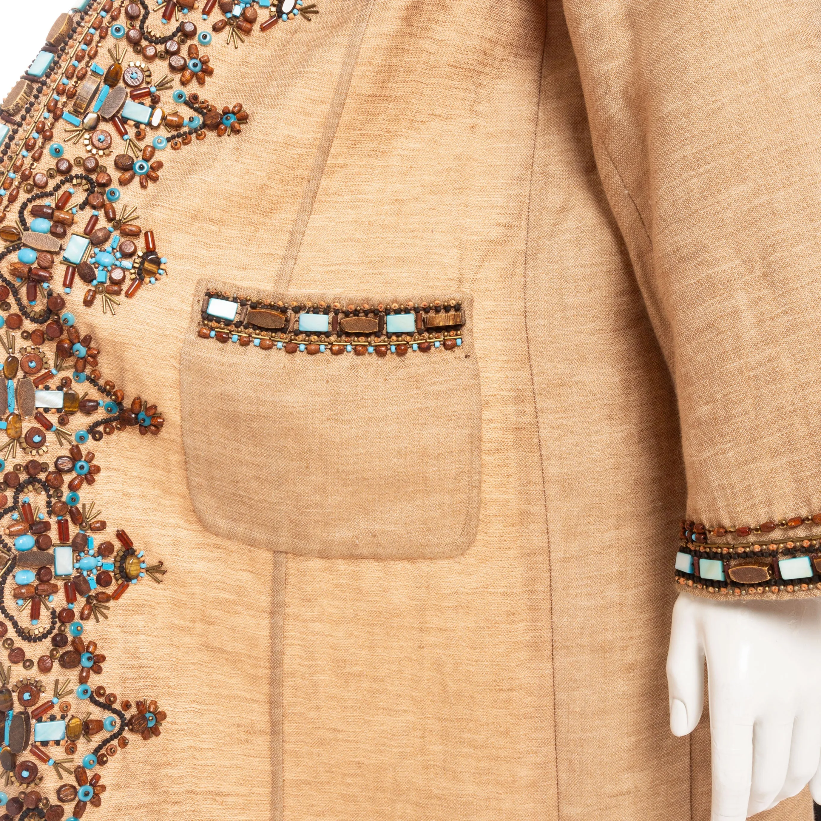 Brown Linen-Blend Bead Embellished Coat