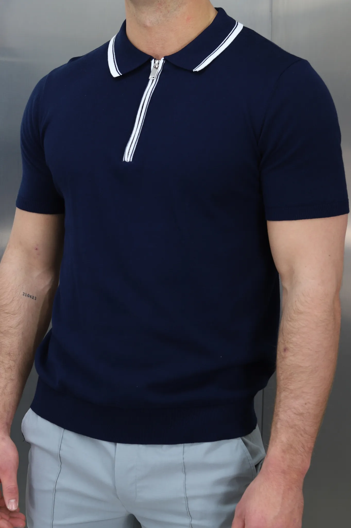 Capo Egyptian Cotton Contrast Collar SS Zip Polo Shirt - Navy