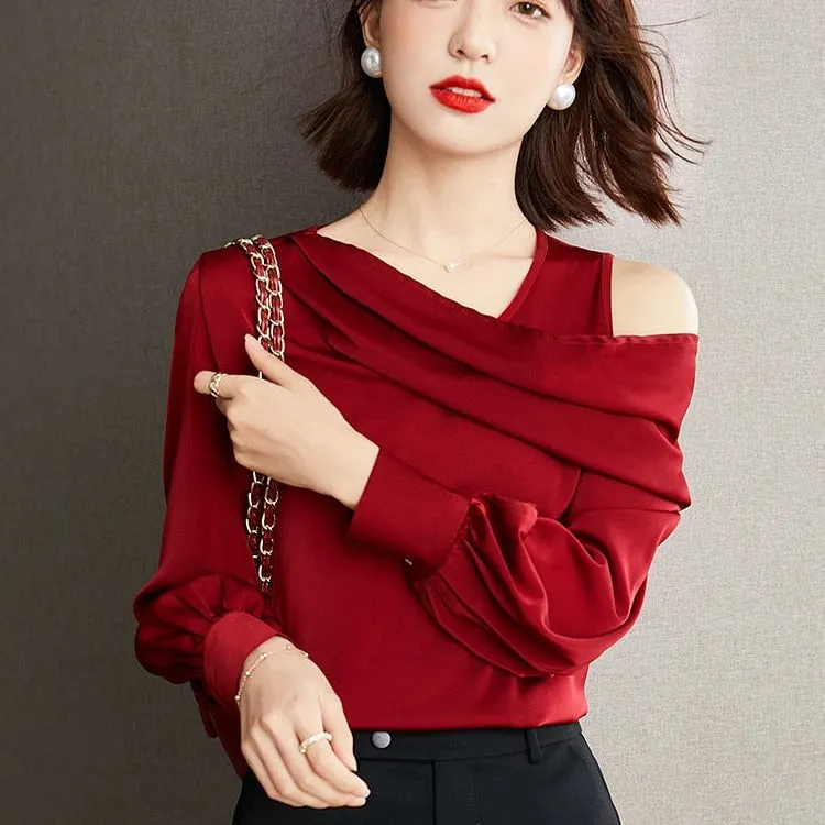 Casual Chiffon Skew Collar Loose Off Shoulder Blouse for Women