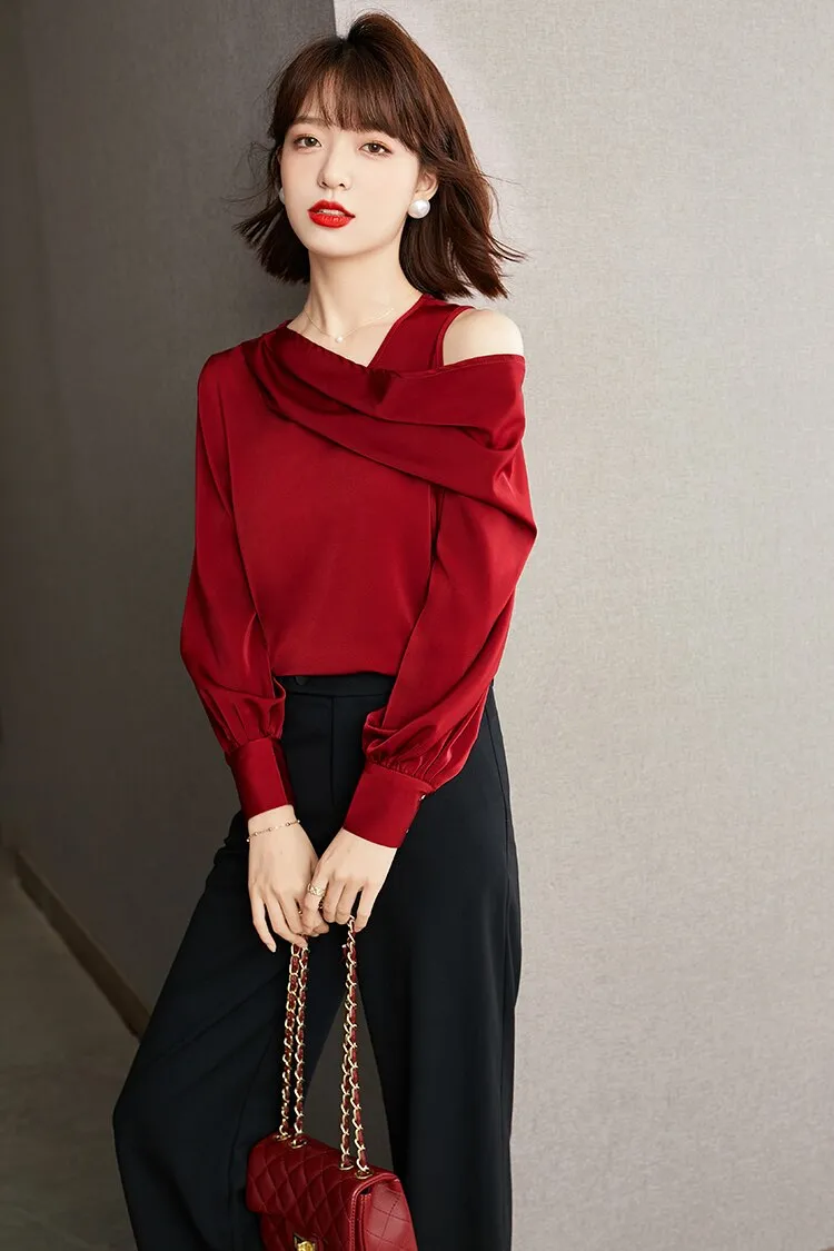 Casual Chiffon Skew Collar Loose Off Shoulder Blouse for Women