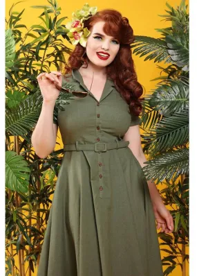 Collectif Caterina Vintage 40's Swing Dress Olive Green