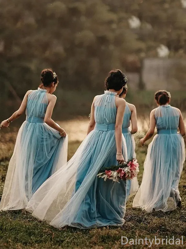 Elegant Tulle Halter Sleeveless A-line Long Bridesmaid Dresses, BG364