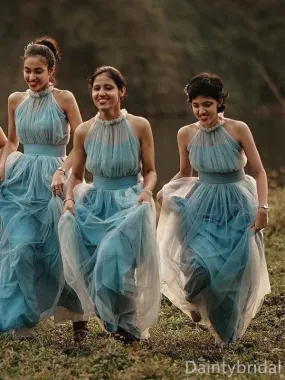 Elegant Tulle Halter Sleeveless A-line Long Bridesmaid Dresses, BG364