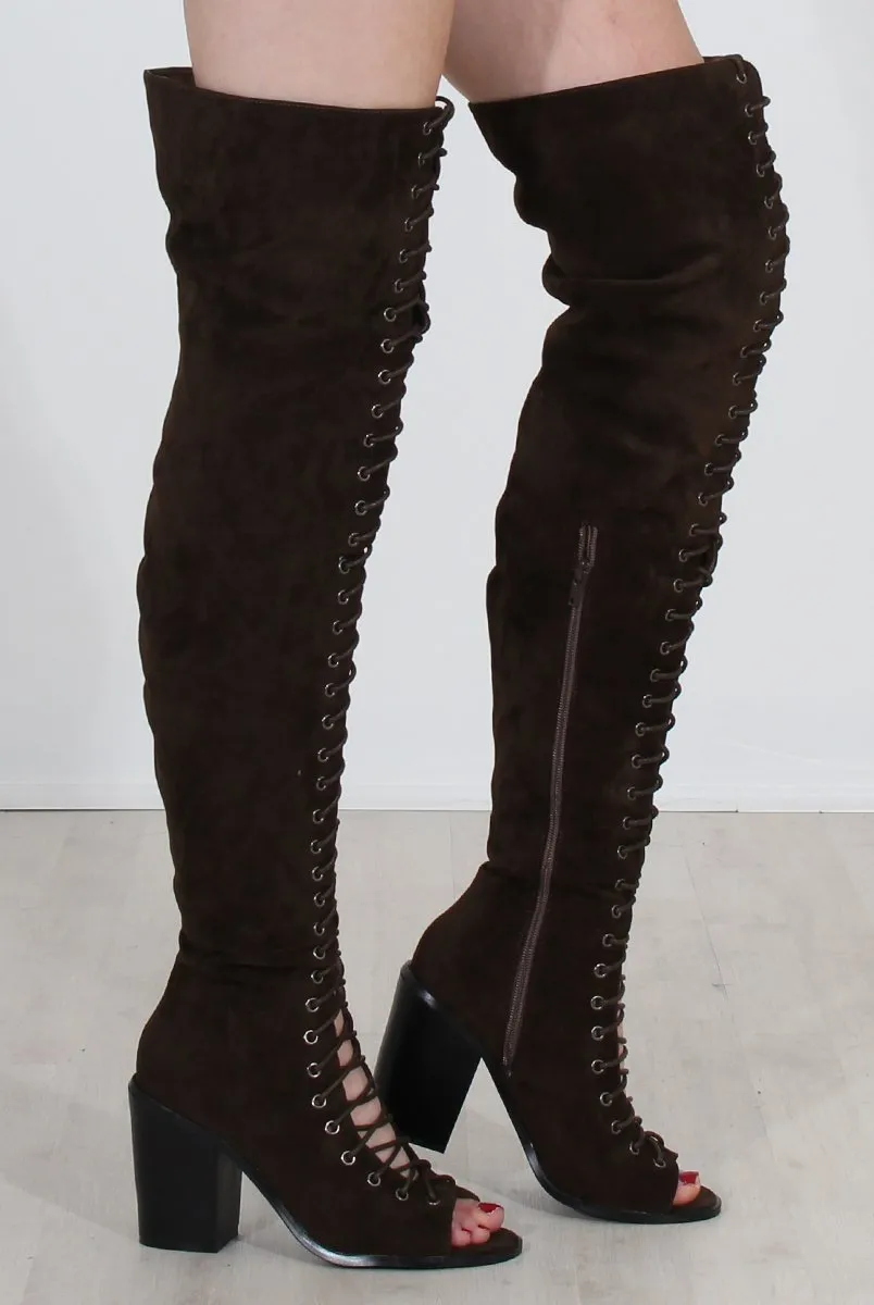 Elita Khaki Lace Up Over The Knee Boots