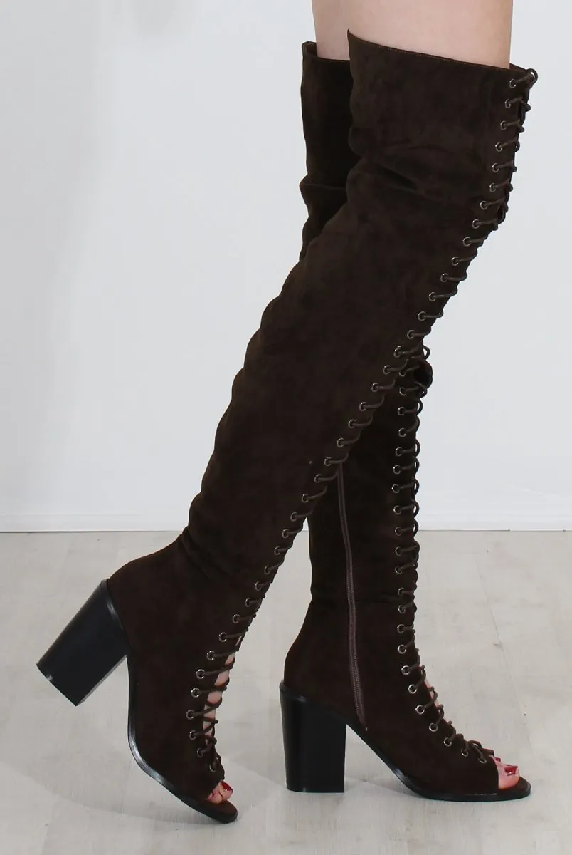 Elita Khaki Lace Up Over The Knee Boots