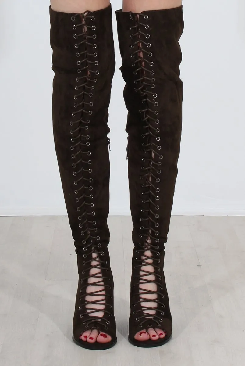 Elita Khaki Lace Up Over The Knee Boots