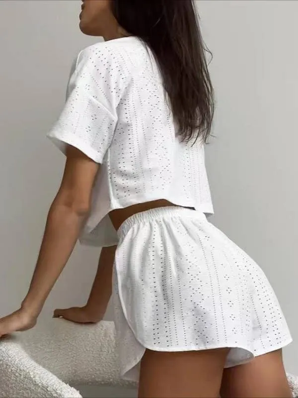 Eyelet basic short sleeve loose tee lounge shorts set