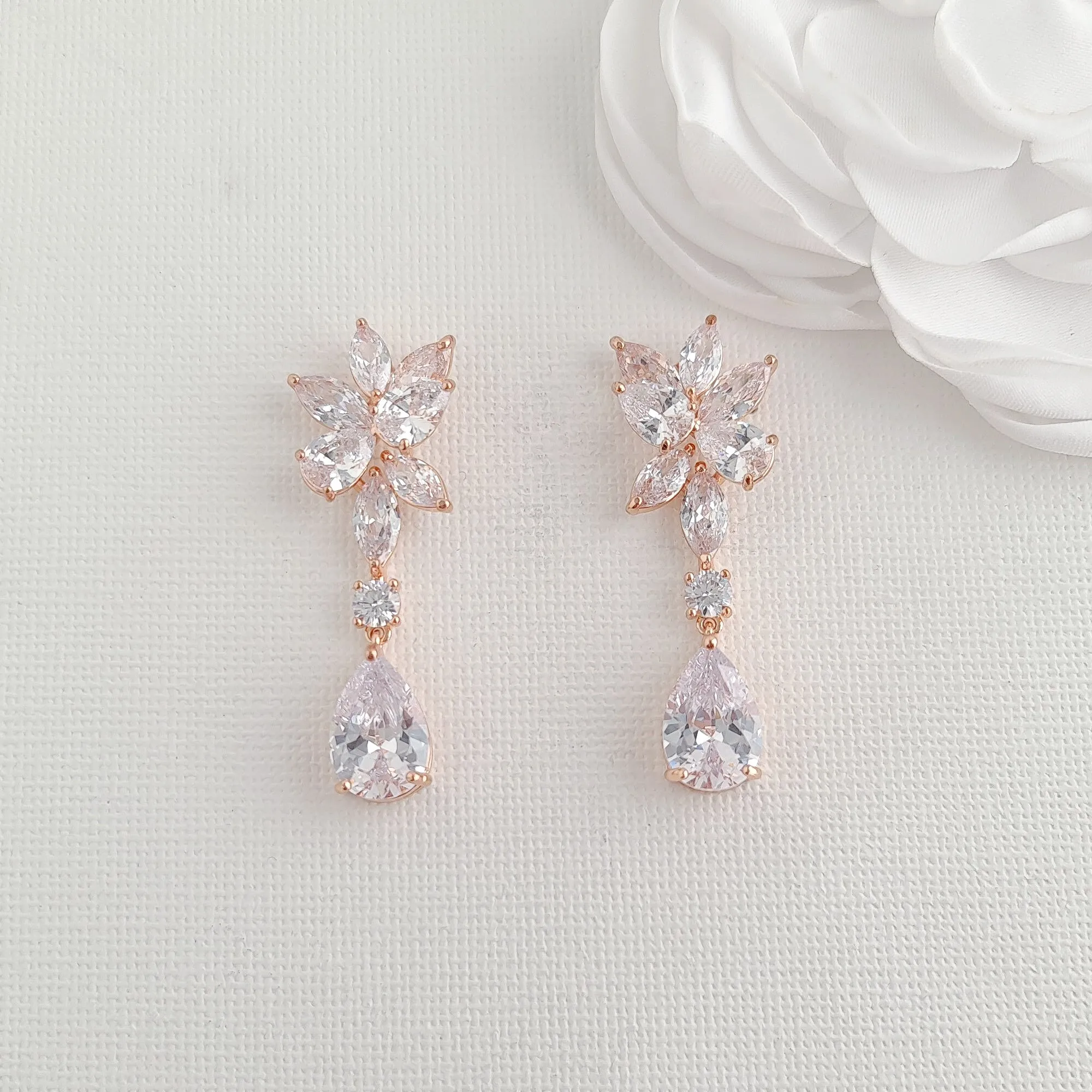 Floral and Teardrop Rose Gold Earrings For Brides-Ivy