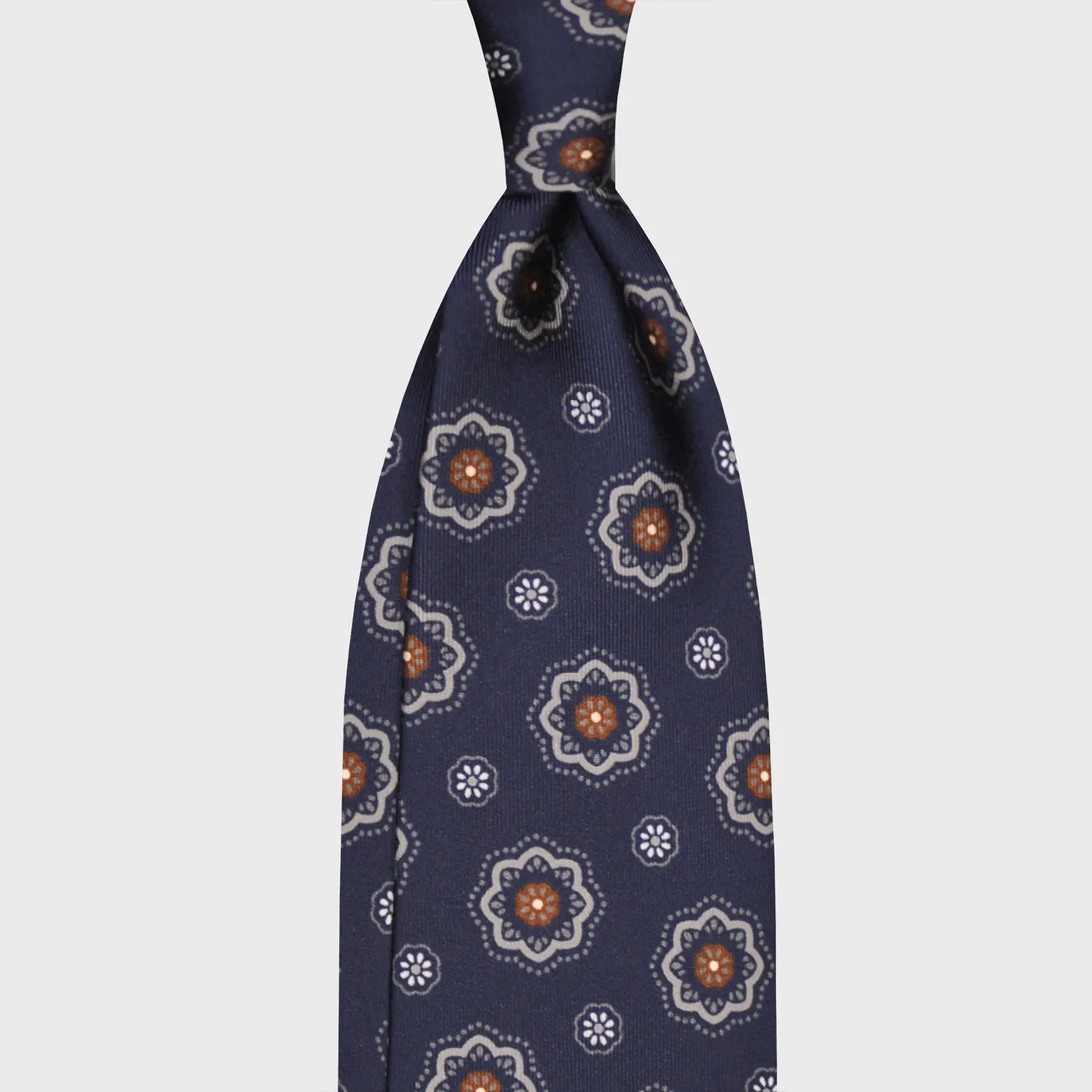 F.Marino Silk Tie 3 Folds Medallions Daisy Navy Blue