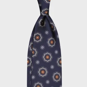 F.Marino Silk Tie 3 Folds Medallions Daisy Navy Blue