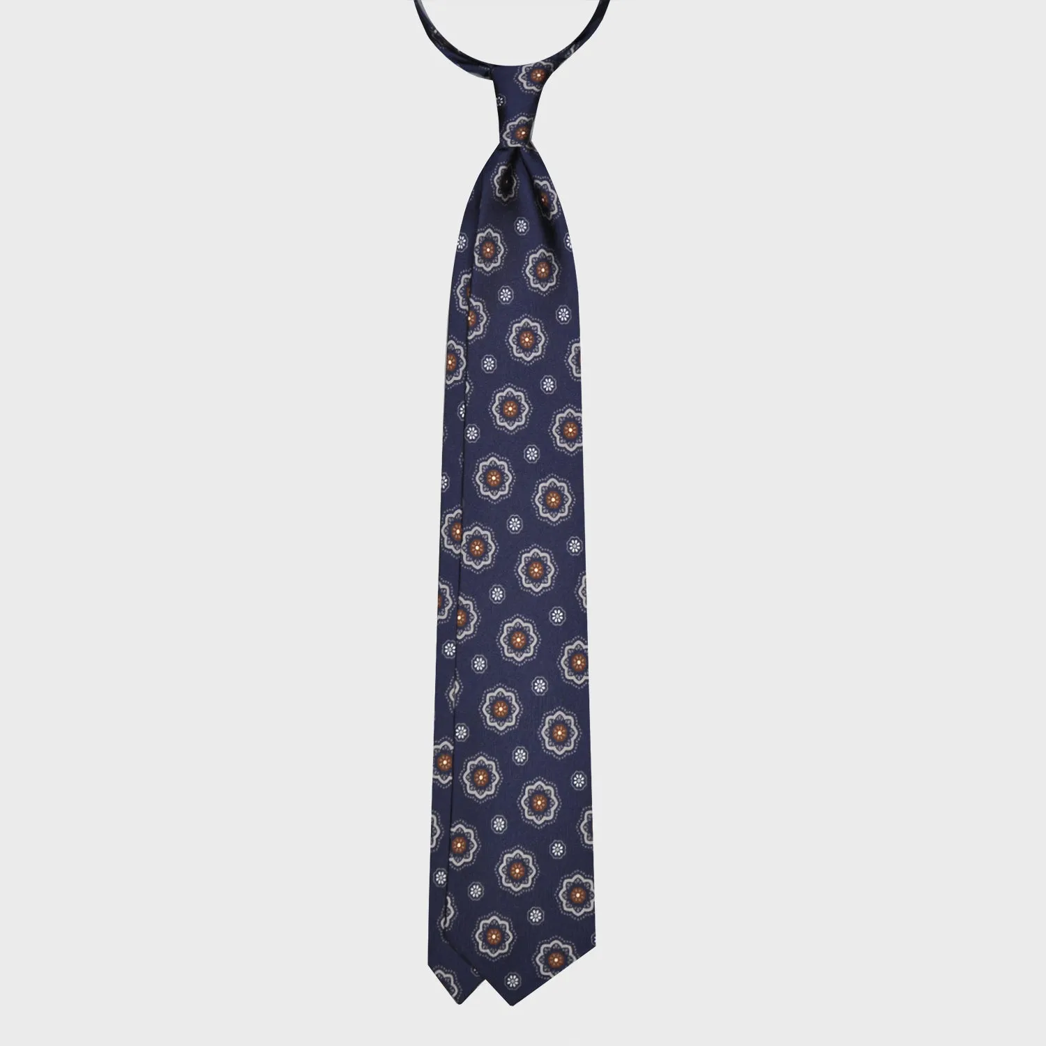 F.Marino Silk Tie 3 Folds Medallions Daisy Navy Blue