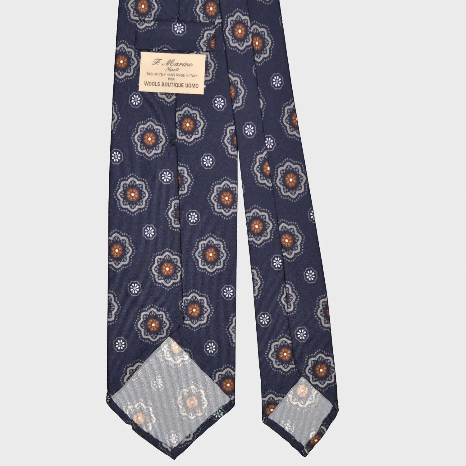 F.Marino Silk Tie 3 Folds Medallions Daisy Navy Blue