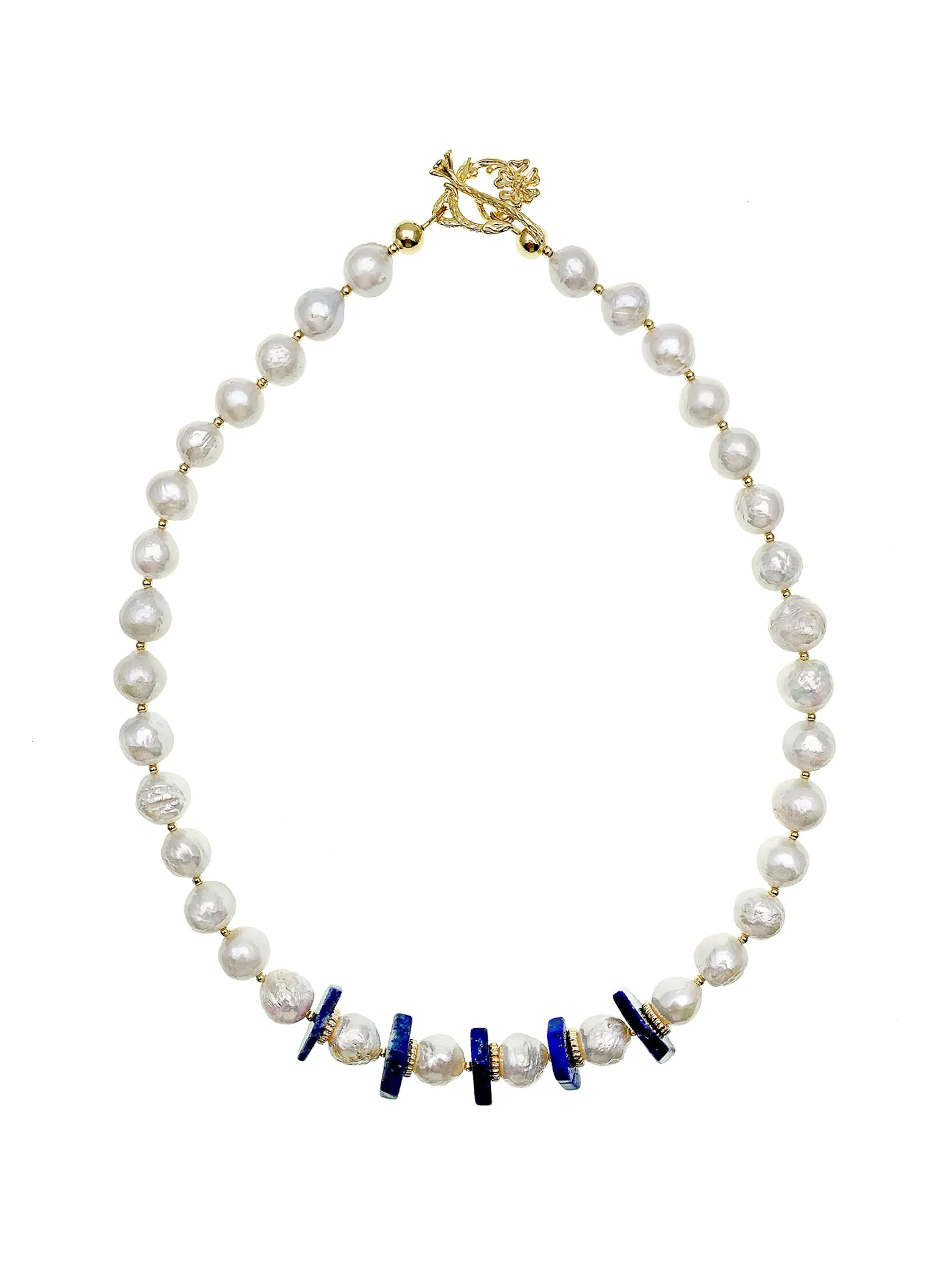 Freshwater Pearls With Lapis Flat Cut Hexagon Short Necklace EN015