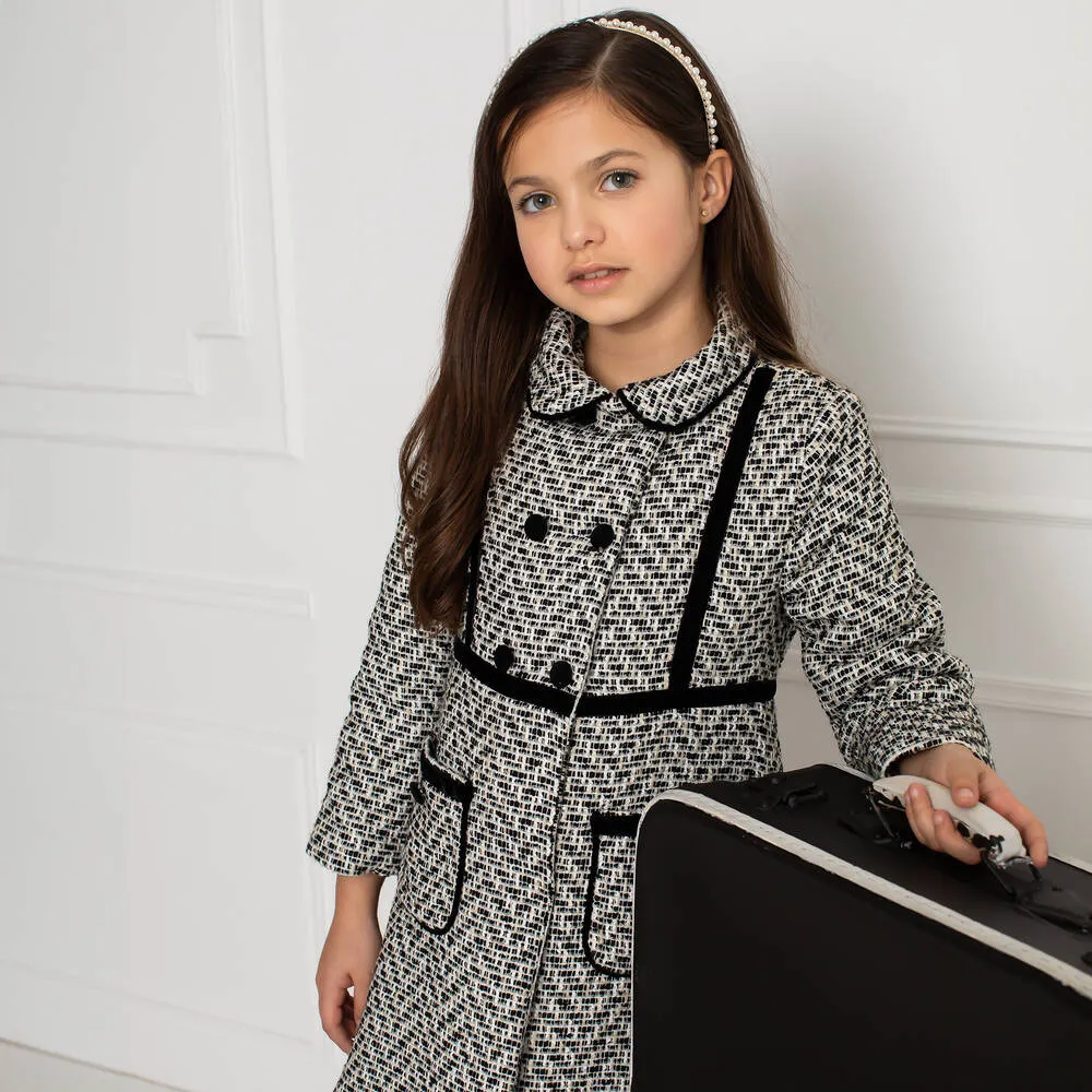 Girls Black & Ivory Tweed Coat