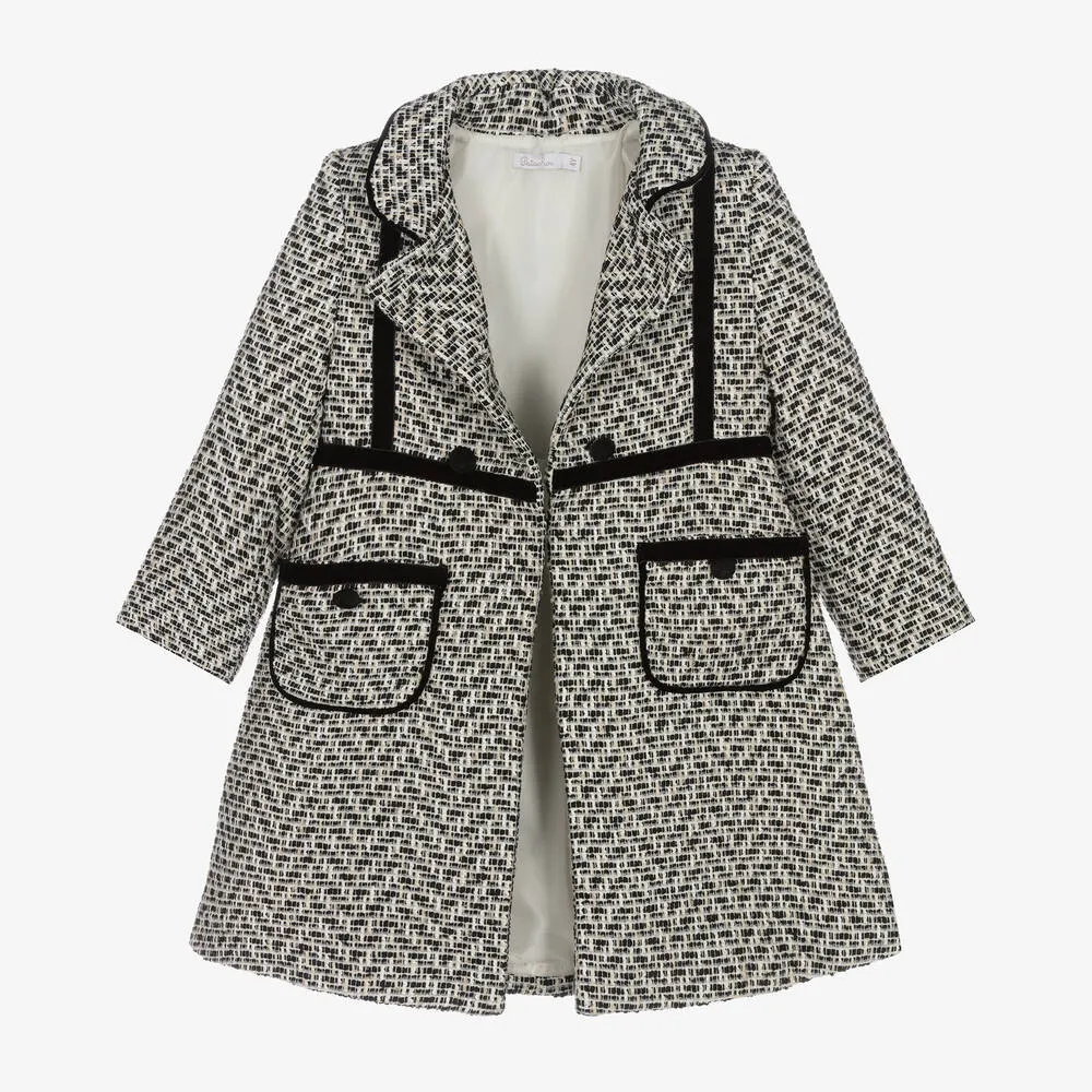 Girls Black & Ivory Tweed Coat