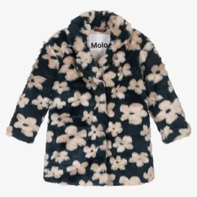 Girls Blue Floral Faux Fur Coat