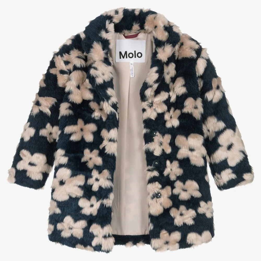 Girls Blue Floral Faux Fur Coat