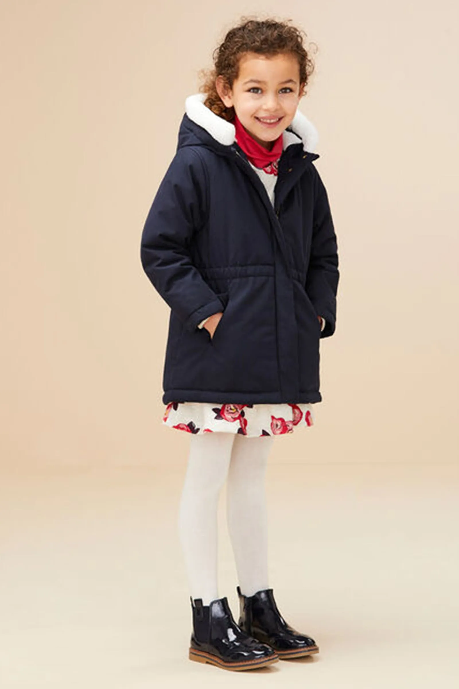 Girl's Navy With White Faux Fur Hoodie Parka