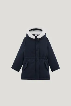 Girl's Navy With White Faux Fur Hoodie Parka