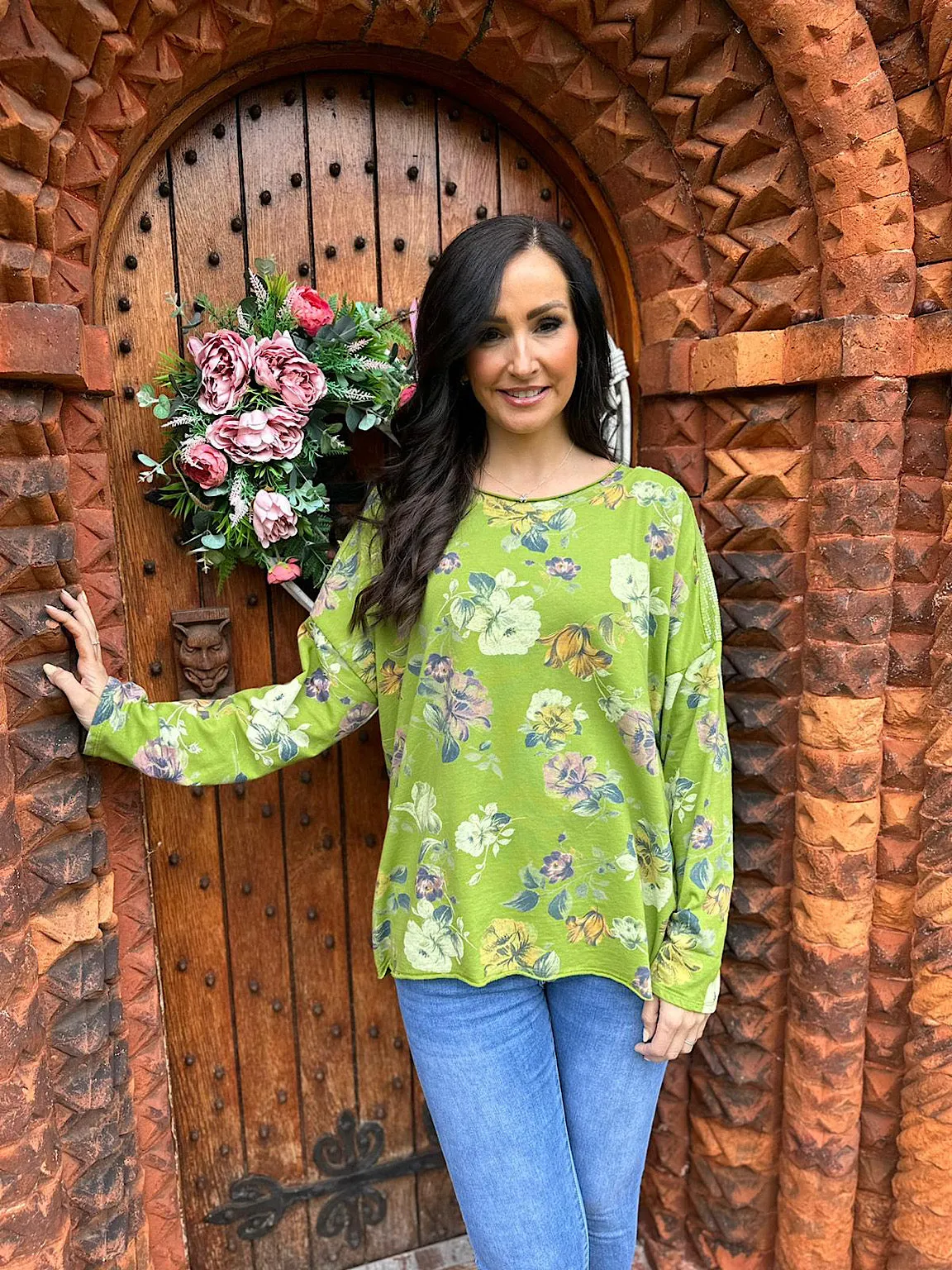 Green Rustic Flower Sequin Top Tilly