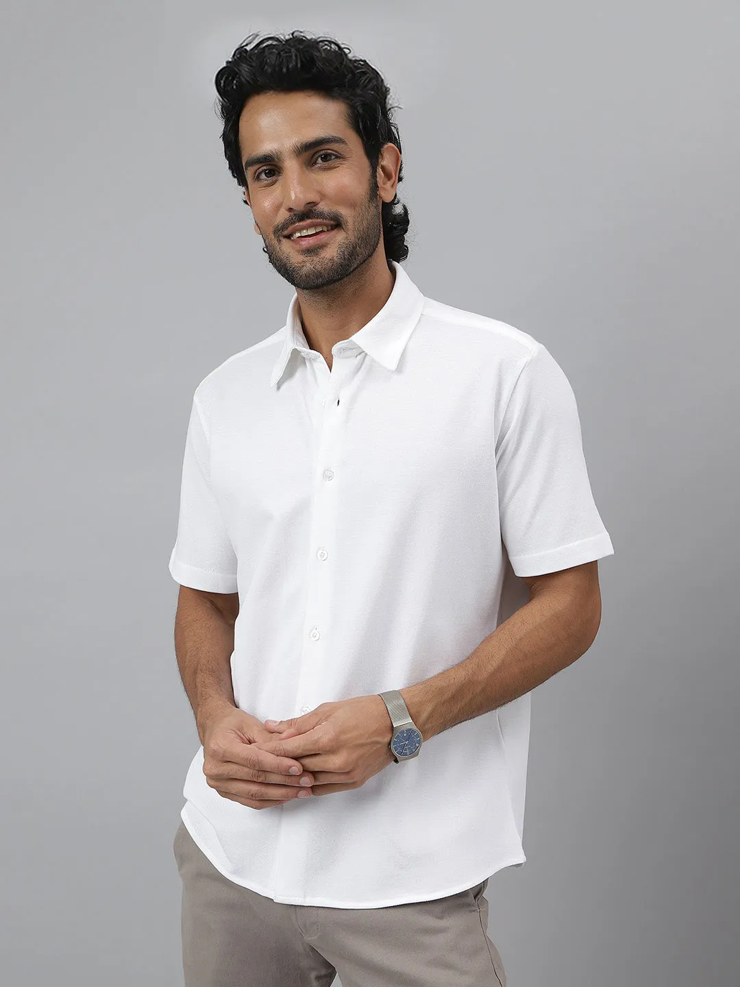 Half Sleeve Pique Knit White Shirt - Daylight