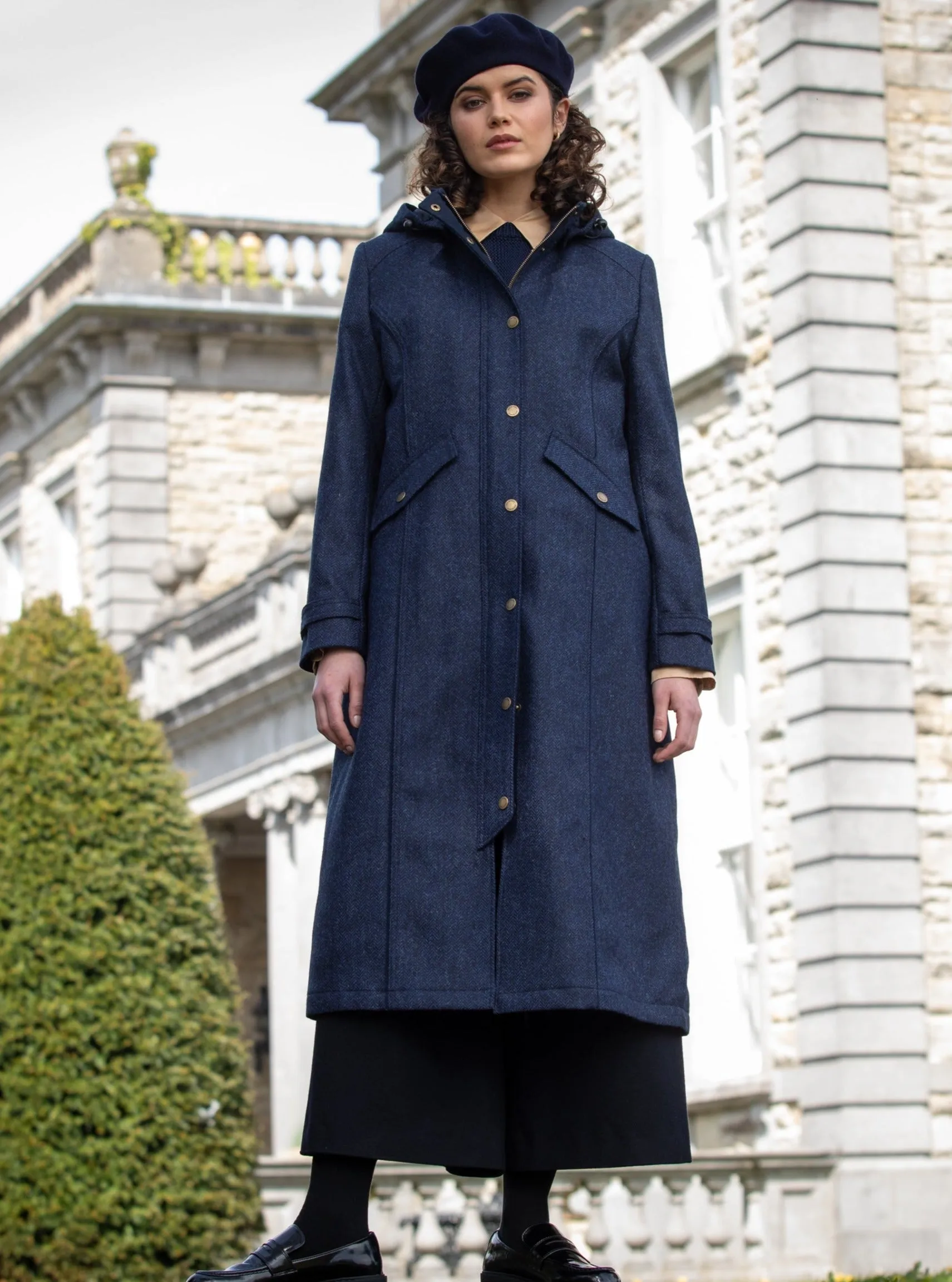 Julia Long Tweed Coat - Navy Herringbone