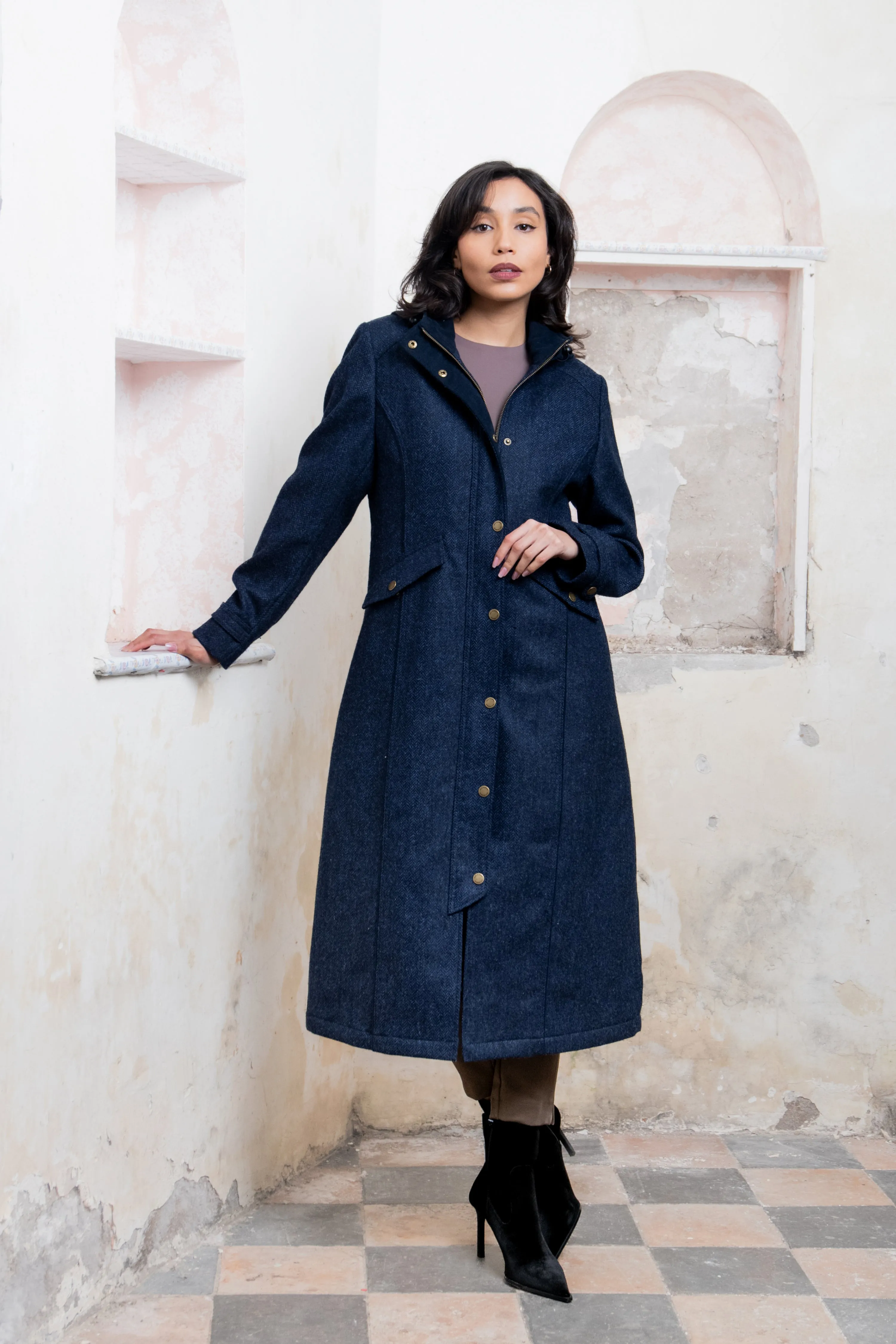 Julia Long Tweed Coat - Navy Herringbone