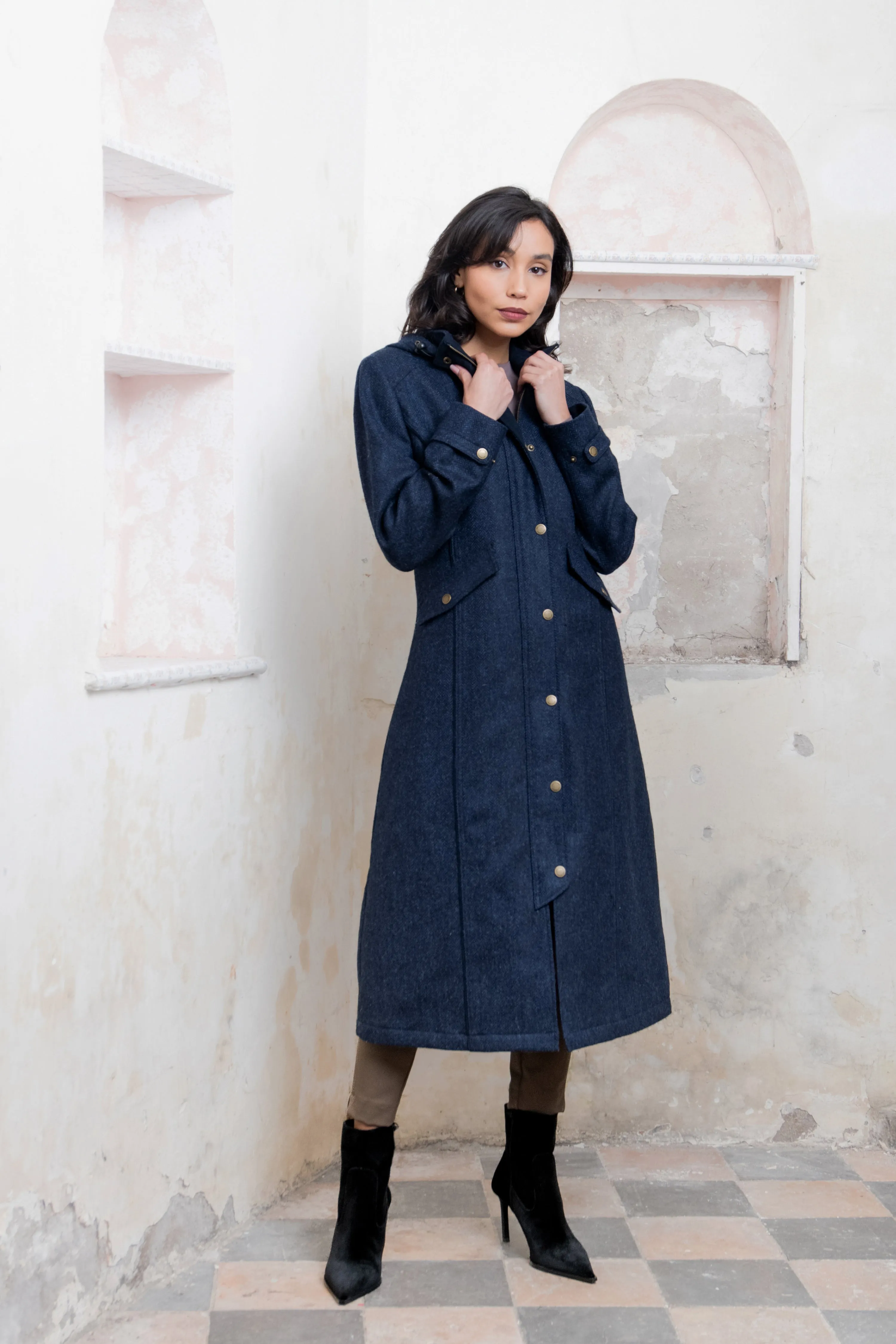 Julia Long Tweed Coat - Navy Herringbone