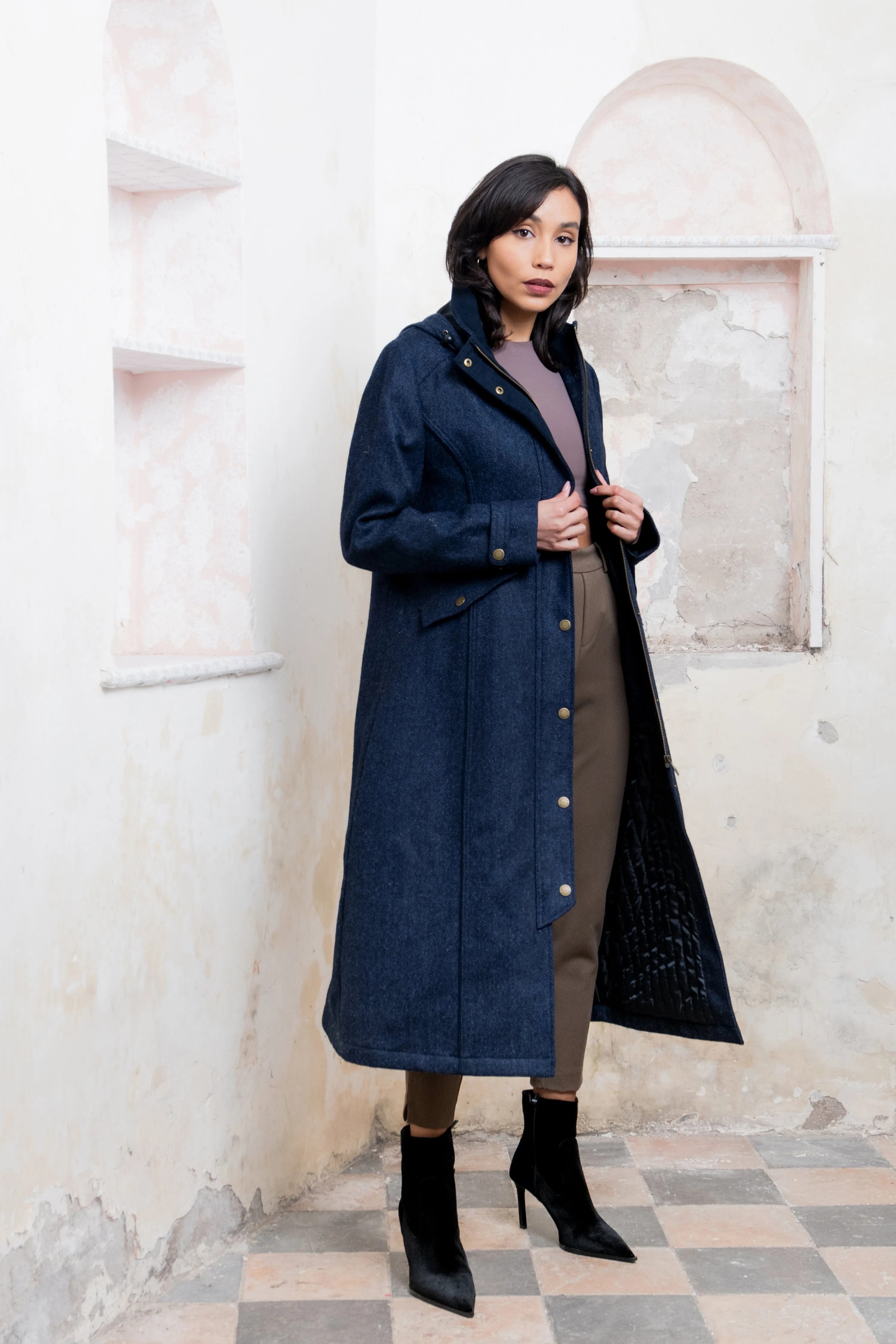 Julia Long Tweed Coat - Navy Herringbone