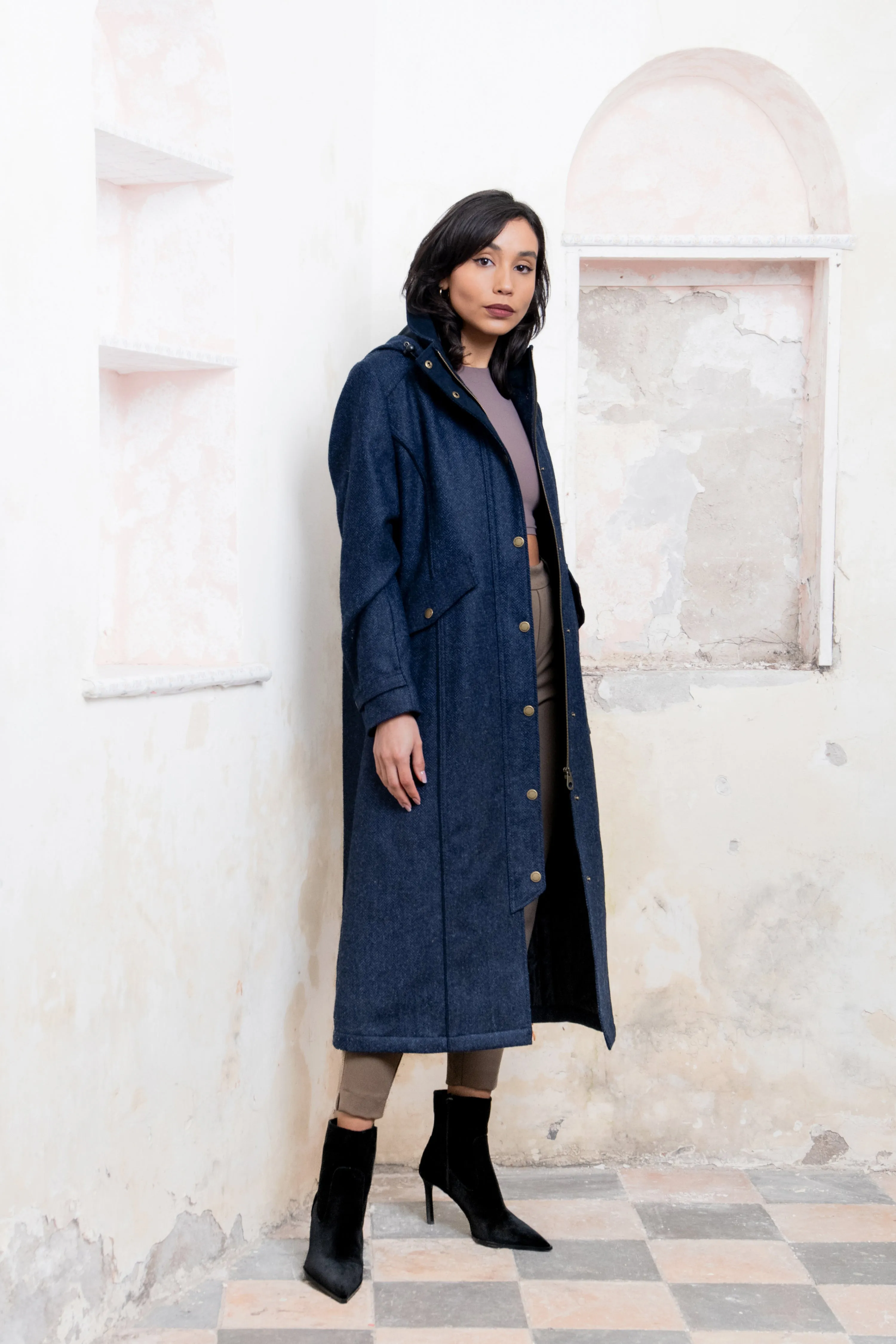 Julia Long Tweed Coat - Navy Herringbone