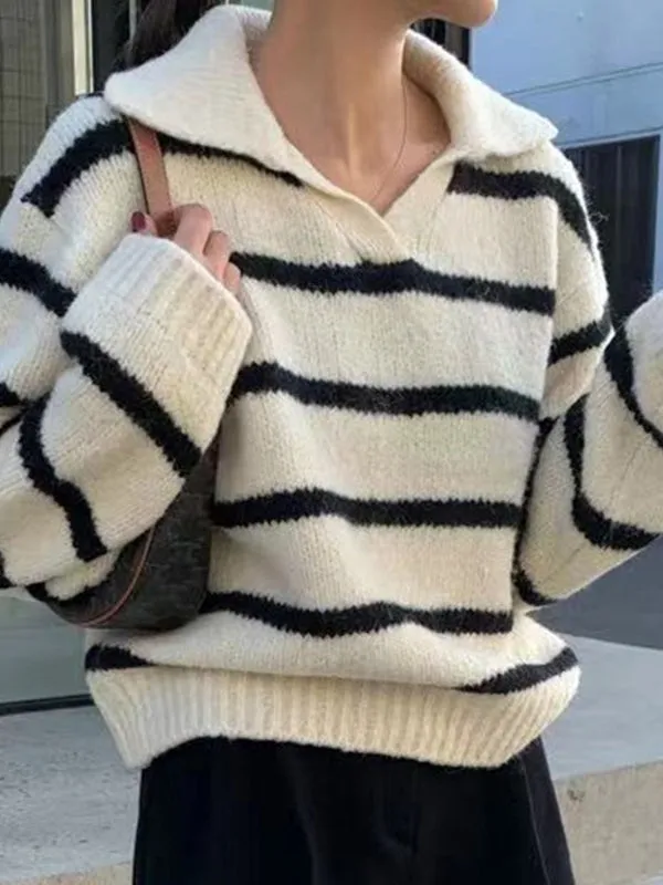 Lapel Contrast Striped Sweater